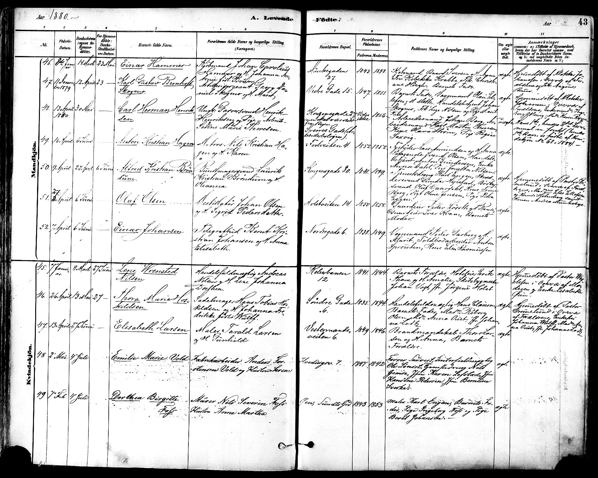 Ministerialprotokoller, klokkerbøker og fødselsregistre - Sør-Trøndelag, SAT/A-1456/601/L0057: Ministerialbok nr. 601A25, 1877-1891, s. 43