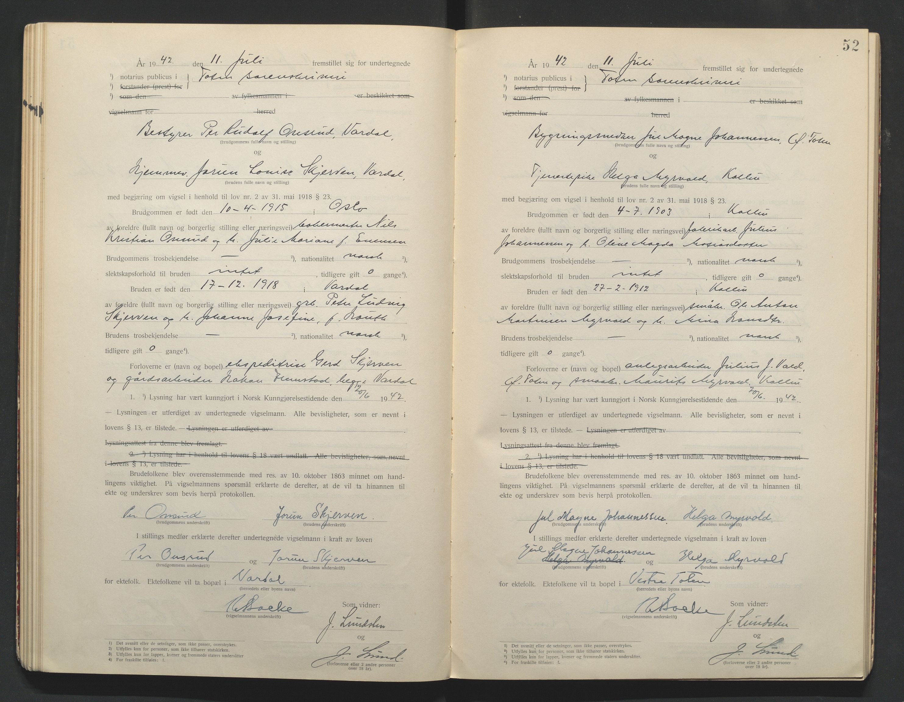 Toten tingrett, AV/SAH-TING-006/L/Lc/L0001: Vigselbok, 1920-1942, s. 52