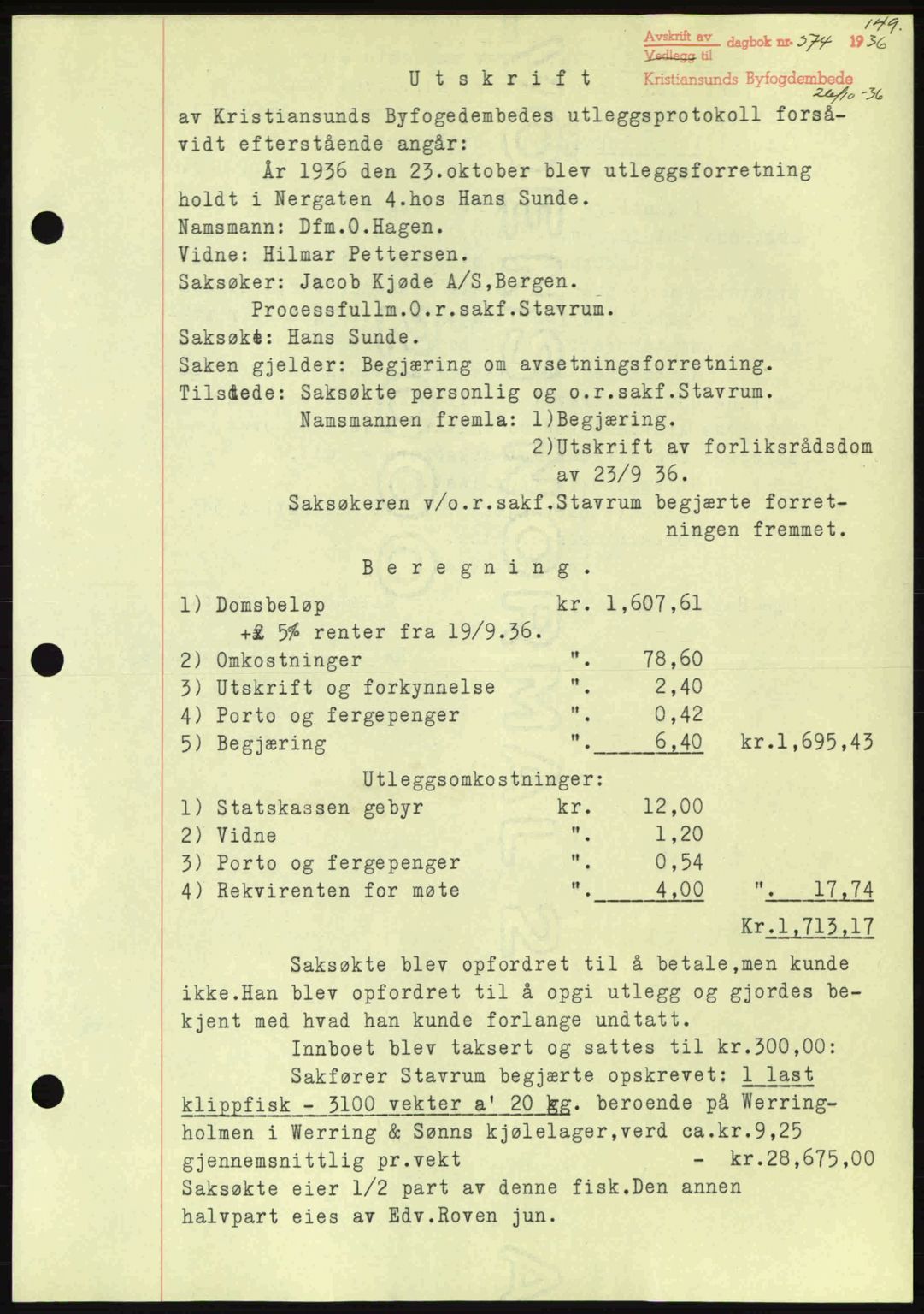 Kristiansund byfogd, SAT/A-4587/A/27: Pantebok nr. 29, 1936-1937, Dagboknr: 574/1936