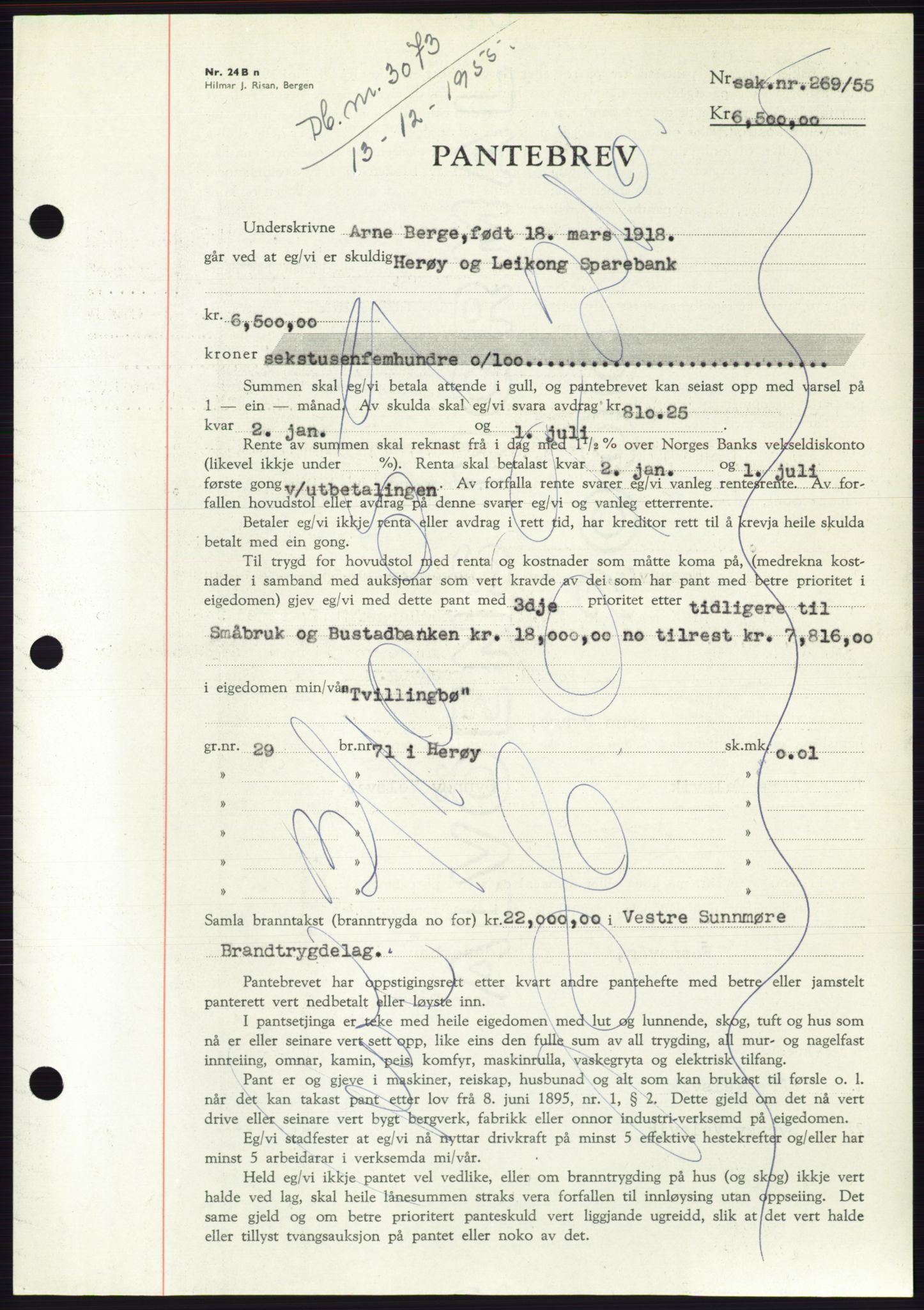 Søre Sunnmøre sorenskriveri, SAT/A-4122/1/2/2C/L0127: Pantebok nr. 15B, 1955-1955, Dagboknr: 3073/1955
