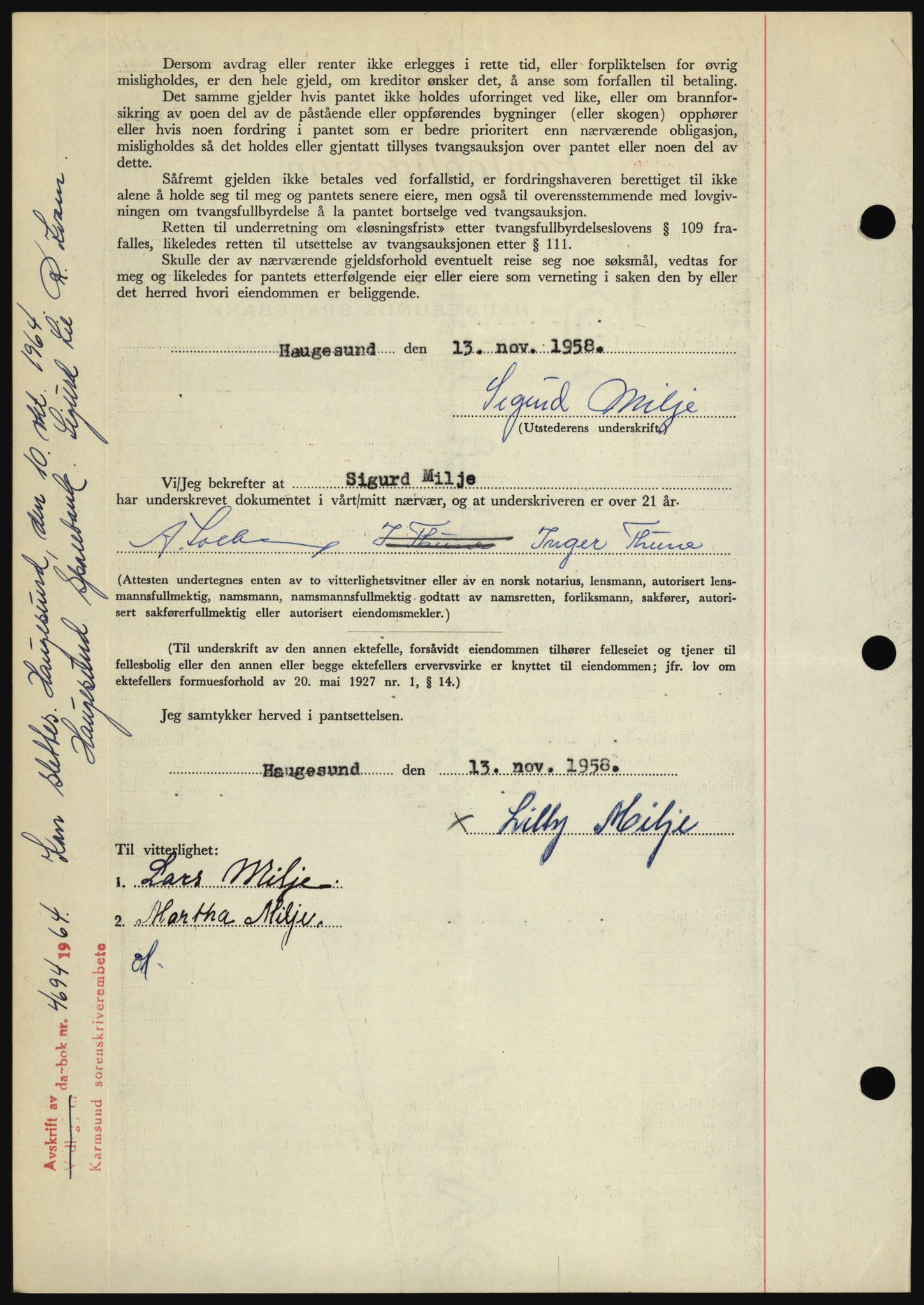 Karmsund sorenskriveri, AV/SAST-A-100311/01/II/IIBBE/L0041: Pantebok nr. B 87, 1958-1958, Dagboknr: 2719/1958