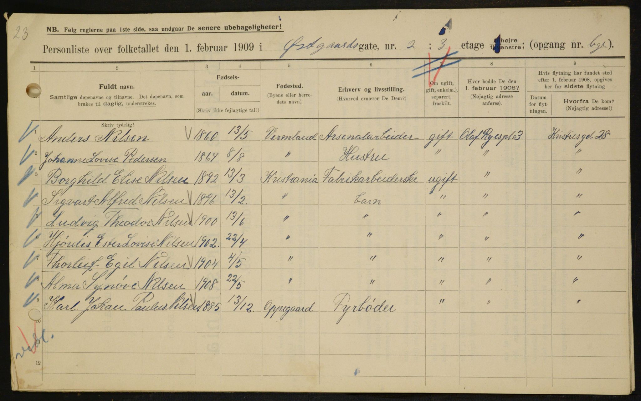 OBA, Kommunal folketelling 1.2.1909 for Kristiania kjøpstad, 1909, s. 117245