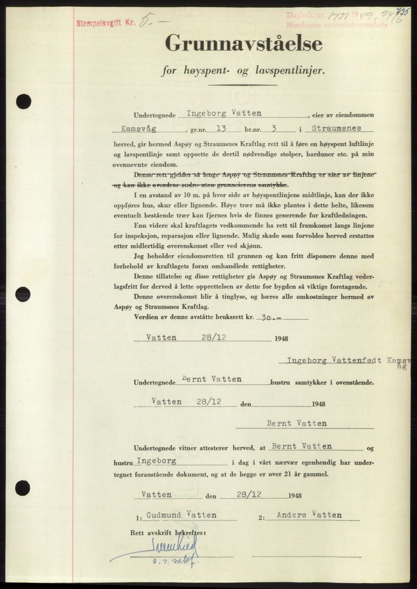 Nordmøre sorenskriveri, SAT/A-4132/1/2/2Ca: Pantebok nr. B101, 1949-1949, Dagboknr: 1738/1949