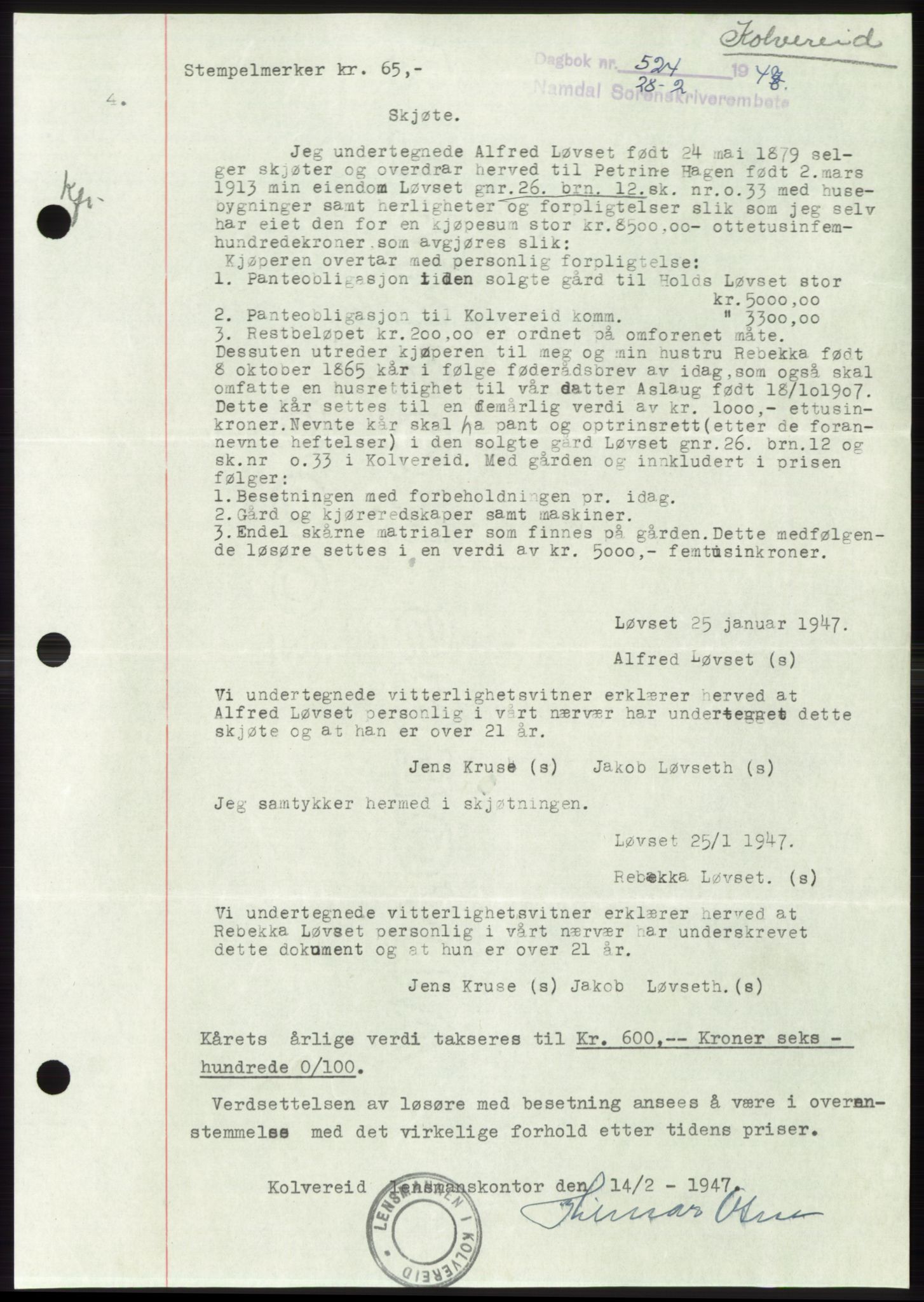 Namdal sorenskriveri, SAT/A-4133/1/2/2C: Pantebok nr. -, 1946-1947, Dagboknr: 524/1947