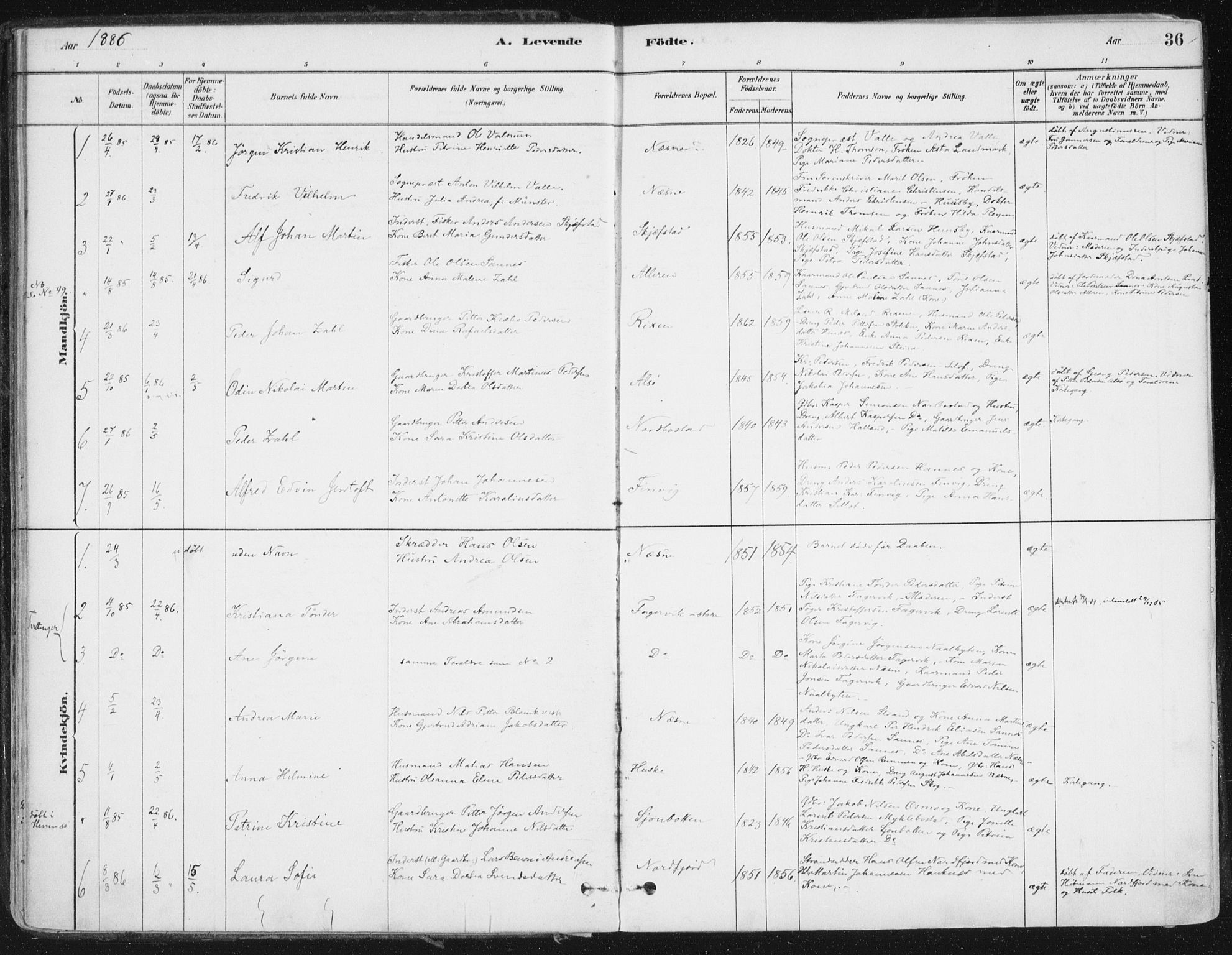 Ministerialprotokoller, klokkerbøker og fødselsregistre - Nordland, SAT/A-1459/838/L0552: Ministerialbok nr. 838A10, 1880-1910, s. 36