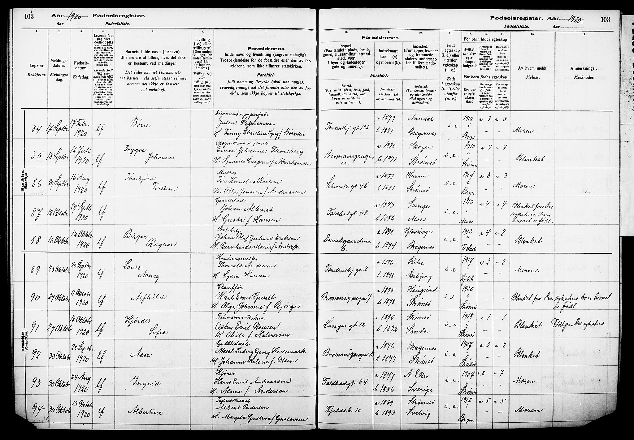 Strømsø kirkebøker, AV/SAKO-A-246/J/Ja/L0001: Fødselsregister nr. I 1, 1916-1925, s. 103