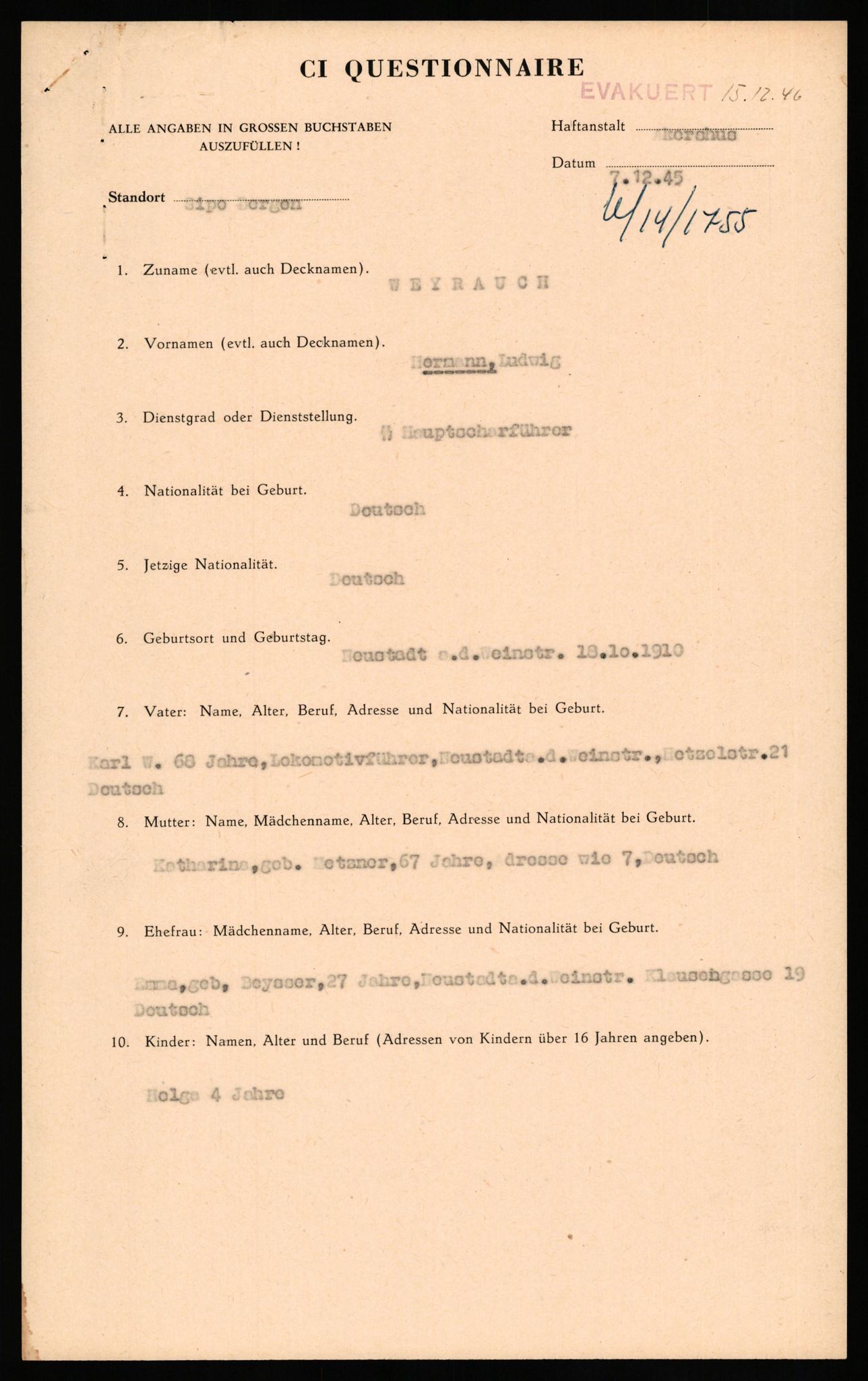 Forsvaret, Forsvarets overkommando II, RA/RAFA-3915/D/Db/L0035: CI Questionaires. Tyske okkupasjonsstyrker i Norge. Tyskere., 1945-1946, s. 482