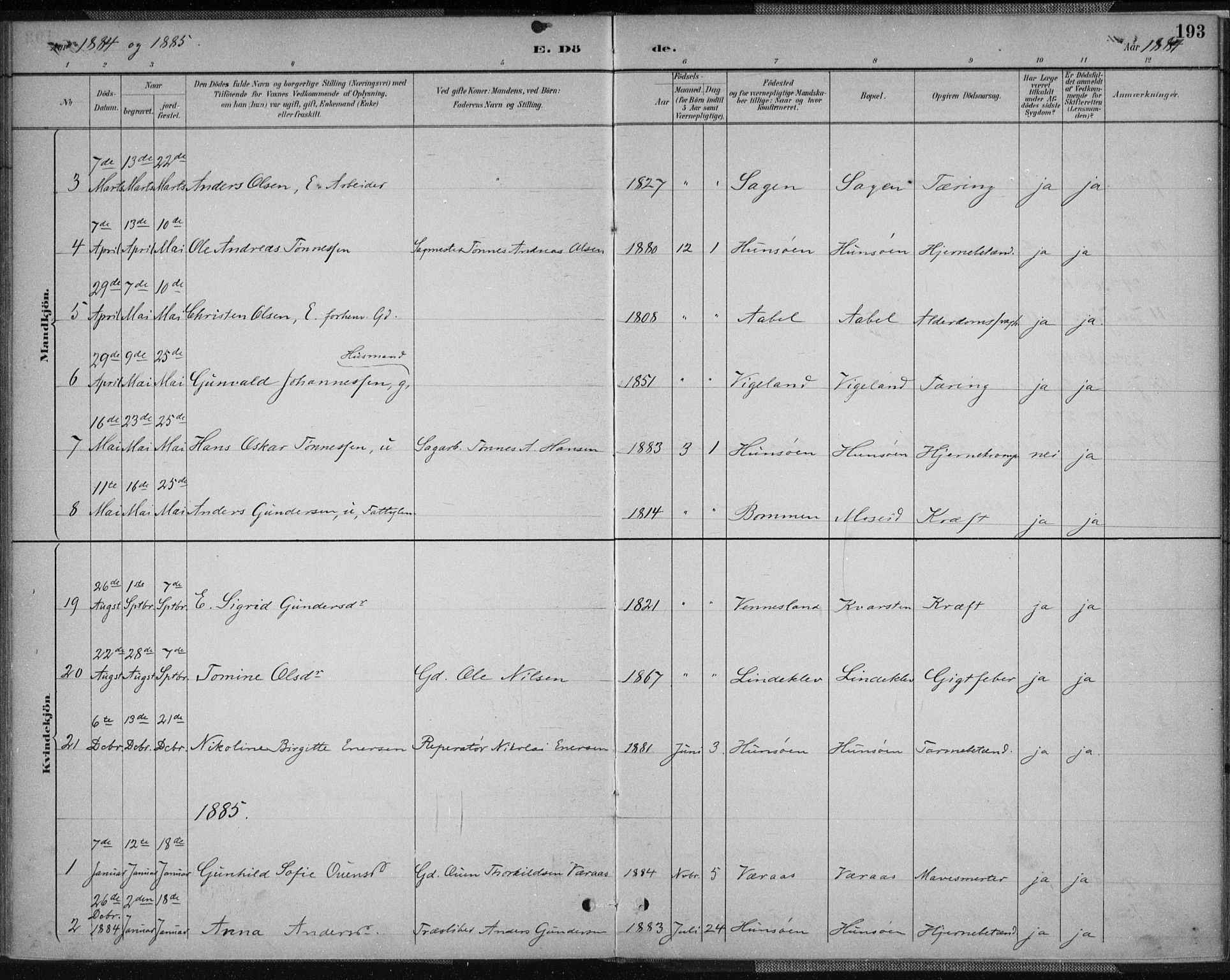 Vennesla sokneprestkontor, AV/SAK-1111-0045/Fa/Fab/L0004: Ministerialbok nr. A 4, 1884-1896, s. 193