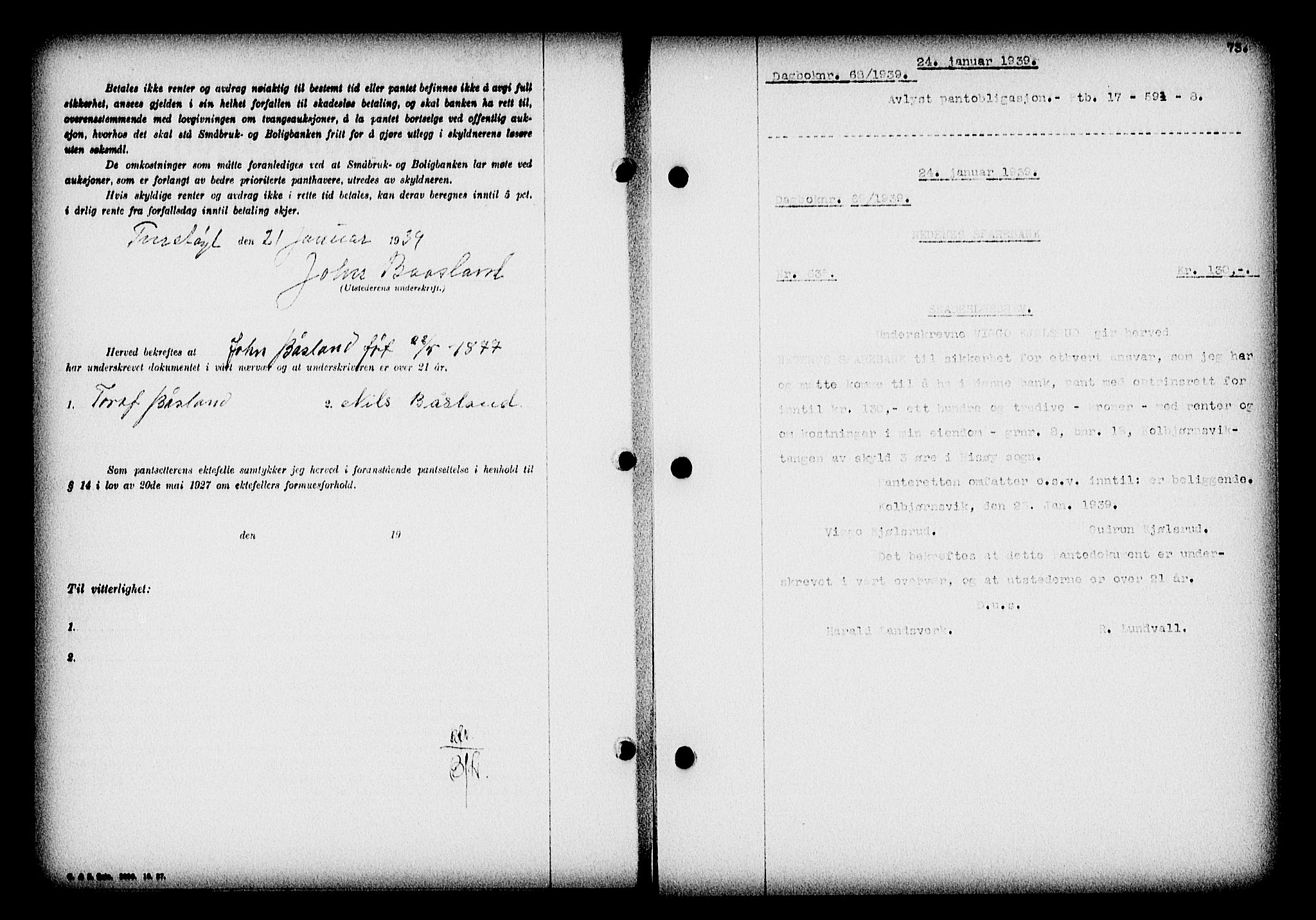 Nedenes sorenskriveri, SAK/1221-0006/G/Gb/Gba/L0046: Pantebok nr. 42, 1938-1939, Dagboknr: 68/1939