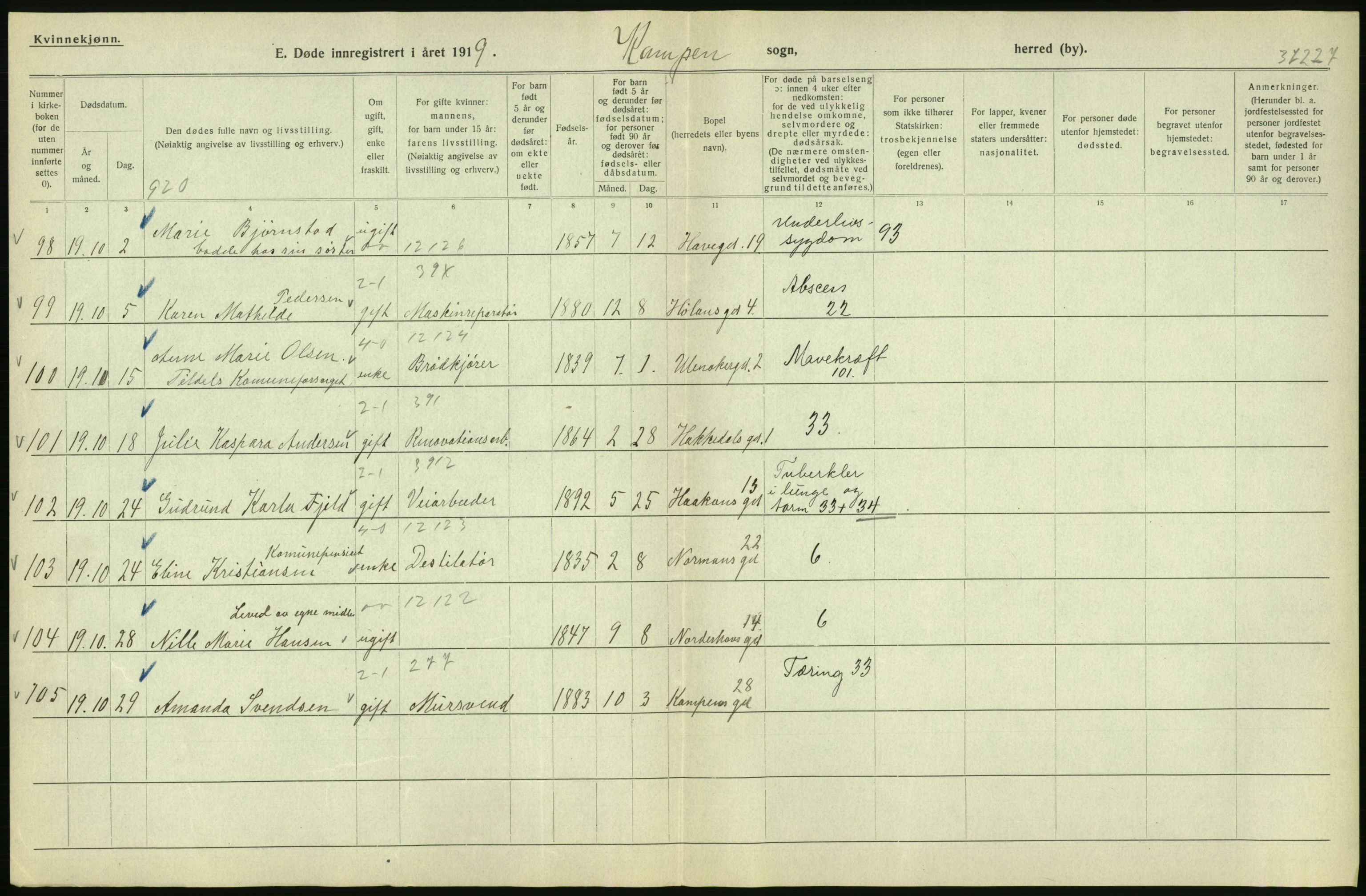 Statistisk sentralbyrå, Sosiodemografiske emner, Befolkning, RA/S-2228/D/Df/Dfb/Dfbi/L0010: Kristiania: Døde, 1919, s. 136