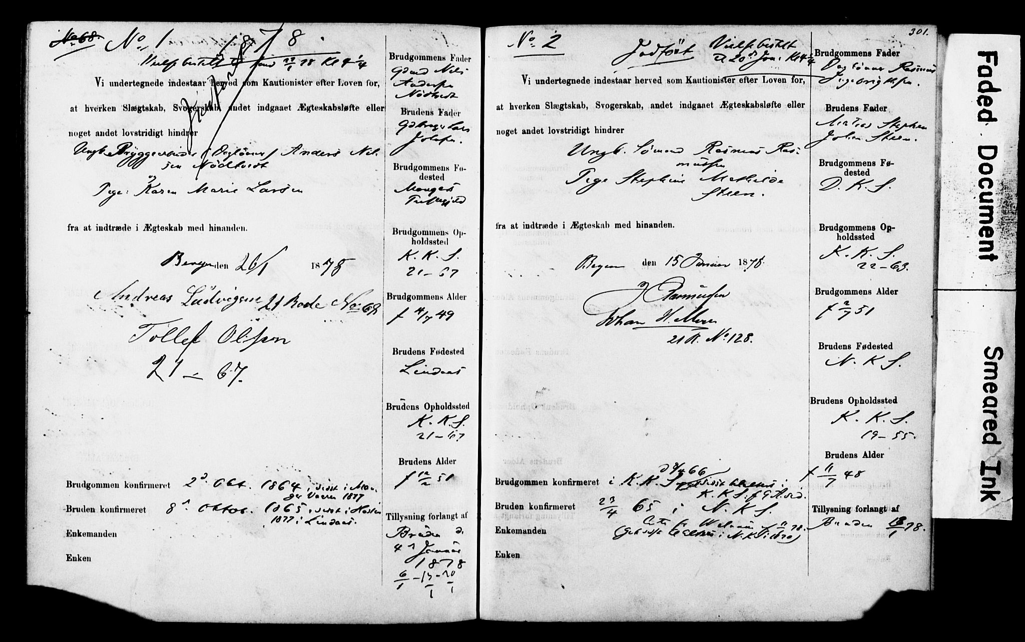Korskirken sokneprestembete, SAB/A-76101: Forlovererklæringer nr. II.5.4, 1871-1878, s. 301