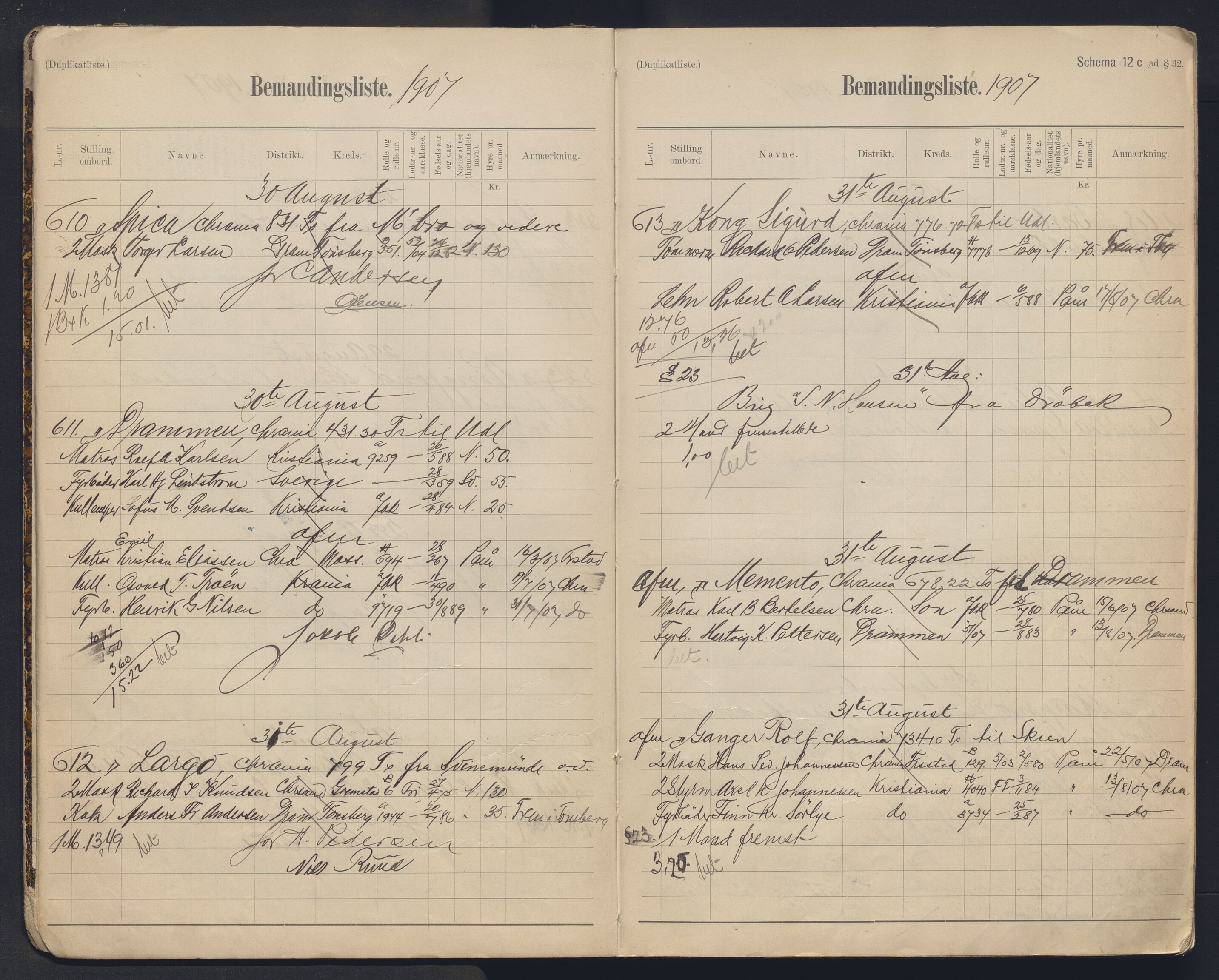 Oslo mønstringskontor, AV/SAO-A-10569g/G/Ga/L0011: Mønstringsjournal, 1907-1909