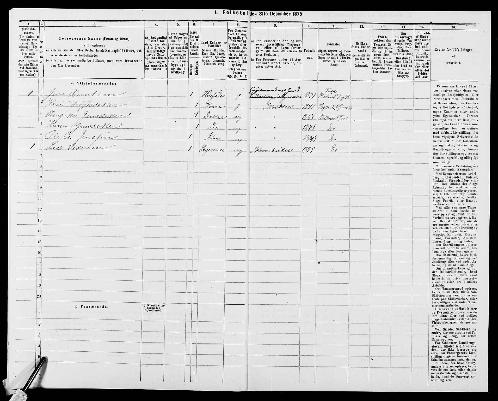 SAK, Folketelling 1875 for 1013P Tveit prestegjeld, 1875, s. 1194