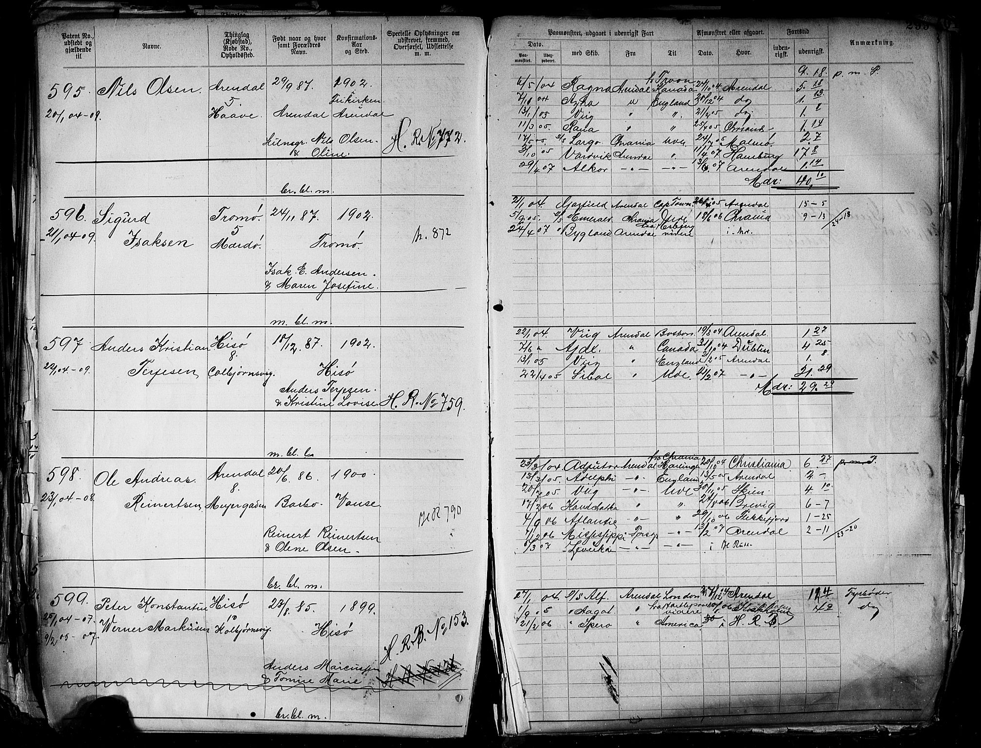 Arendal mønstringskrets, SAK/2031-0012/F/Fa/L0004: Annotasjonsrulle nr 3828-4715 og nr 1-1296, S-4, 1892-1918, s. 309