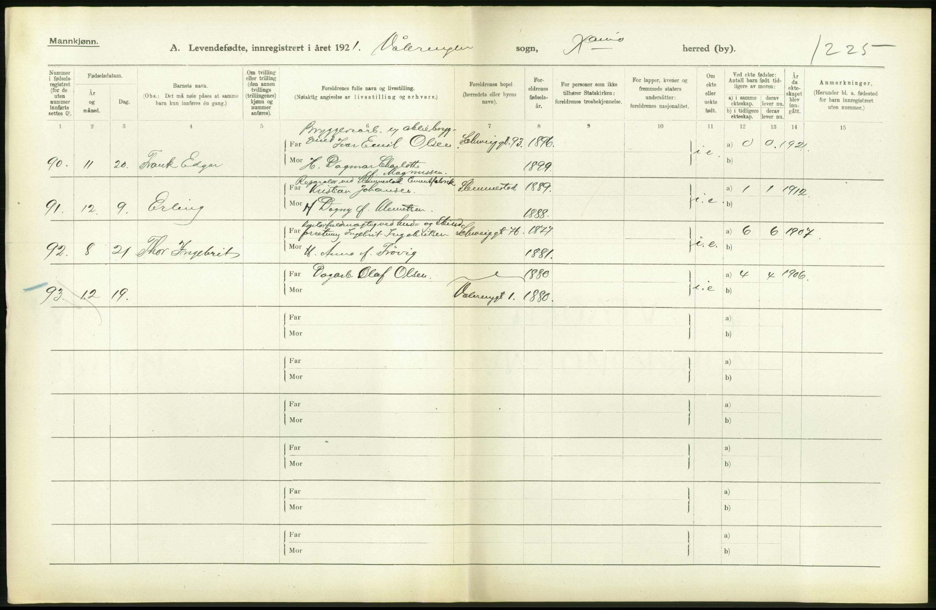 Statistisk sentralbyrå, Sosiodemografiske emner, Befolkning, RA/S-2228/D/Df/Dfc/Dfca/L0009: Kristiania: Levendefødte menn og kvinner., 1921, s. 182