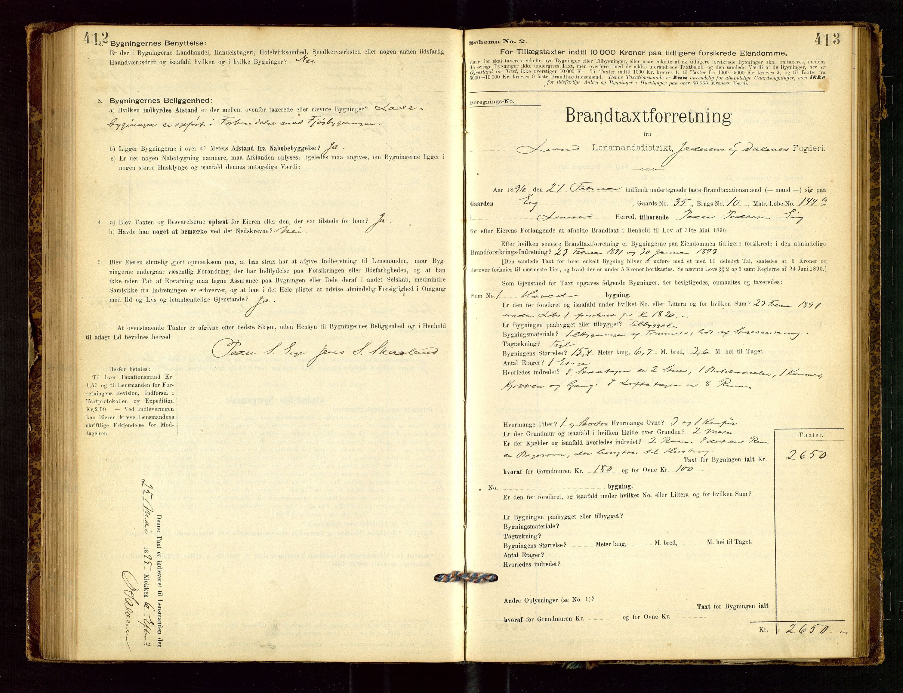 Lund lensmannskontor, AV/SAST-A-100303/Gob/L0001: "Brandtakstprotokol", 1894-1907, s. 412-413