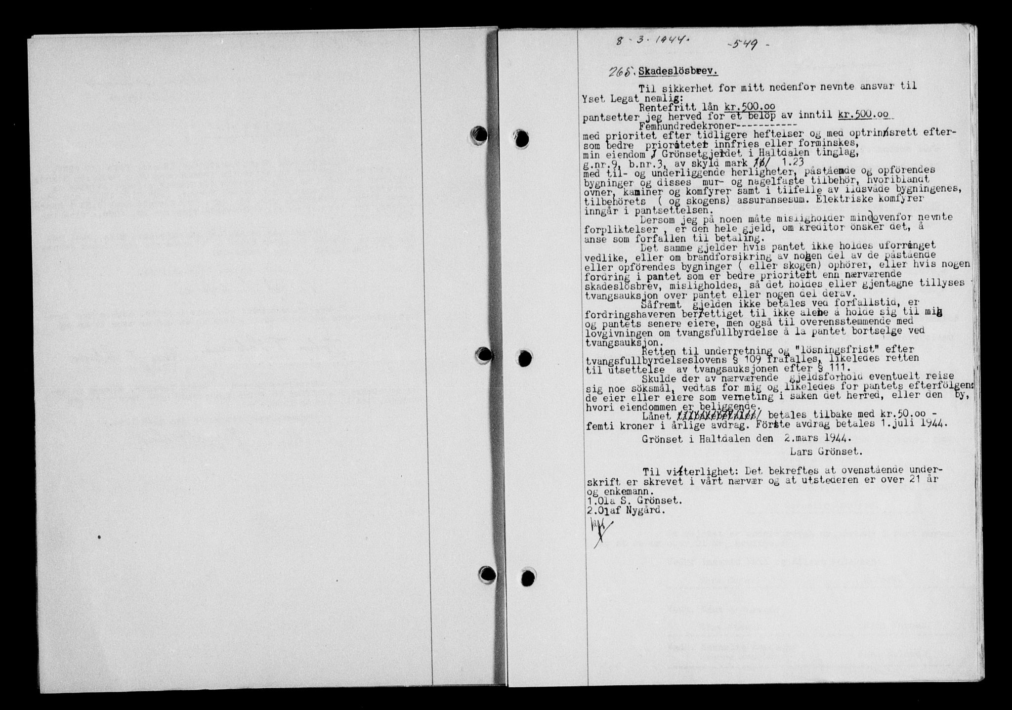 Gauldal sorenskriveri, SAT/A-0014/1/2/2C/L0057: Pantebok nr. 62, 1943-1944, Dagboknr: 265/1944