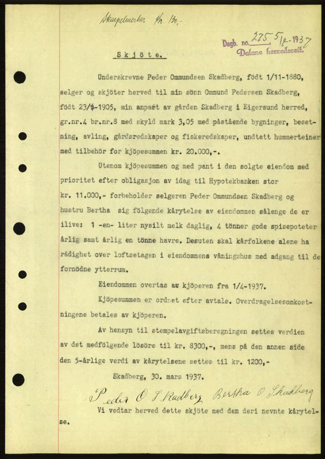 Dalane sorenskriveri, SAST/A-100309/02/G/Gb/L0041: Pantebok nr. A2, 1936-1937, Dagboknr: 275/1937
