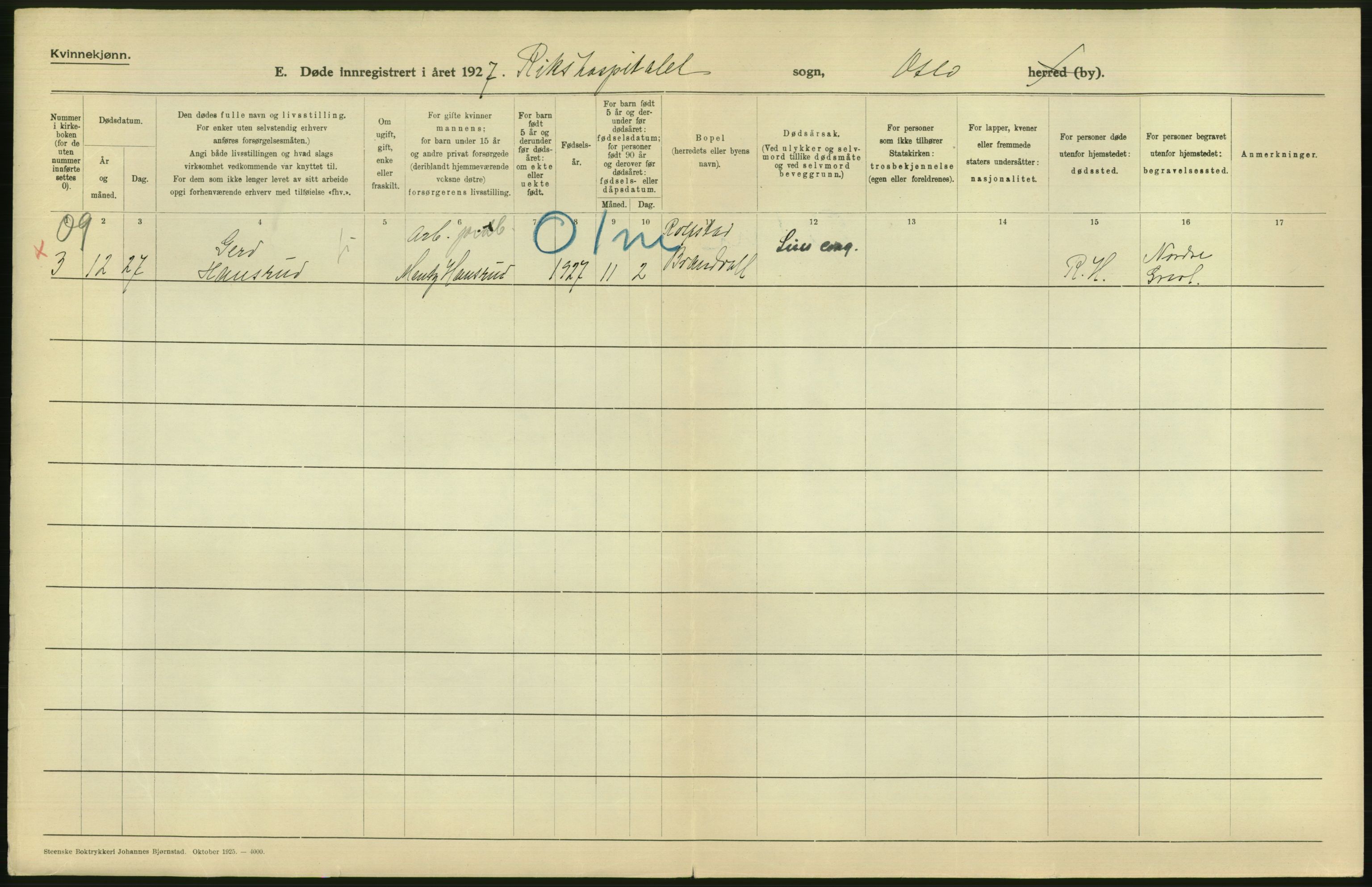 Statistisk sentralbyrå, Sosiodemografiske emner, Befolkning, AV/RA-S-2228/D/Df/Dfc/Dfcg/L0010: Oslo: Døde kvinner, dødfødte, 1927, s. 766