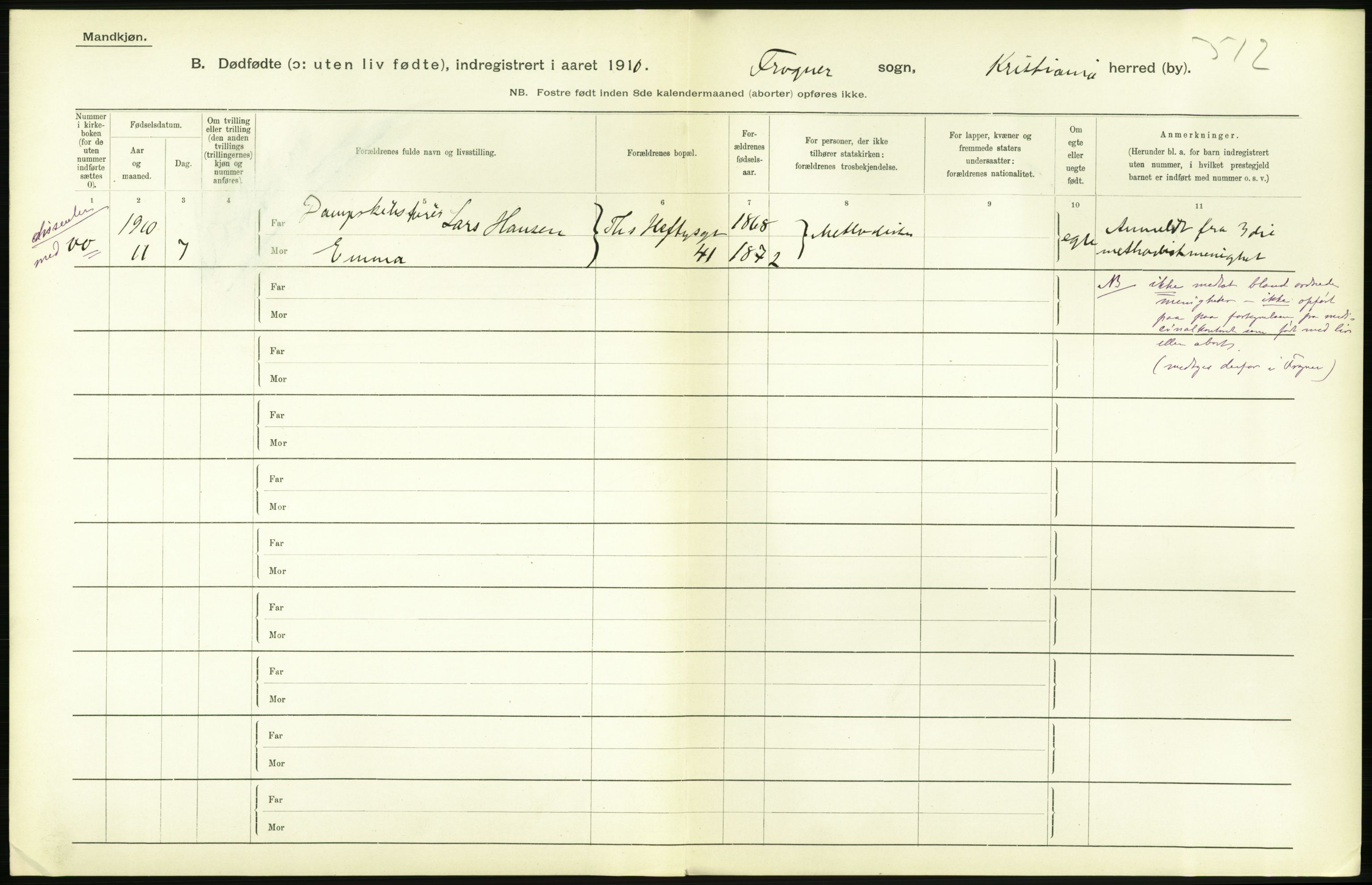 Statistisk sentralbyrå, Sosiodemografiske emner, Befolkning, AV/RA-S-2228/D/Df/Dfa/Dfah/L0009: Kristiania: Gifte og dødfødte., 1910, s. 776