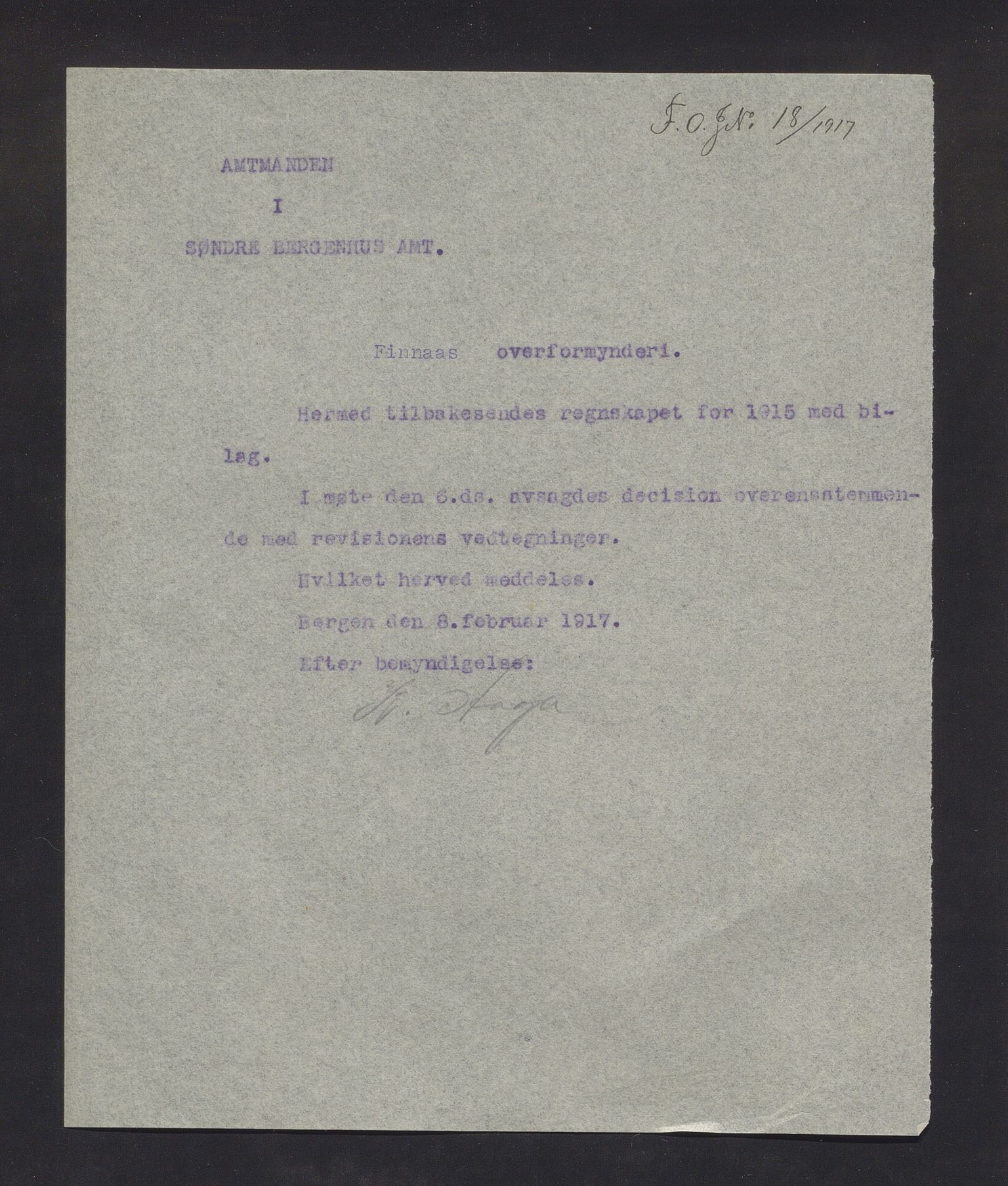 Finnaas kommune. Overformynderiet, IKAH/1218a-812/R/Ra/Raa/L0008/0009: Årlege rekneskap m/vedlegg / Årlege rekneskap m/vedlegg, 1915
