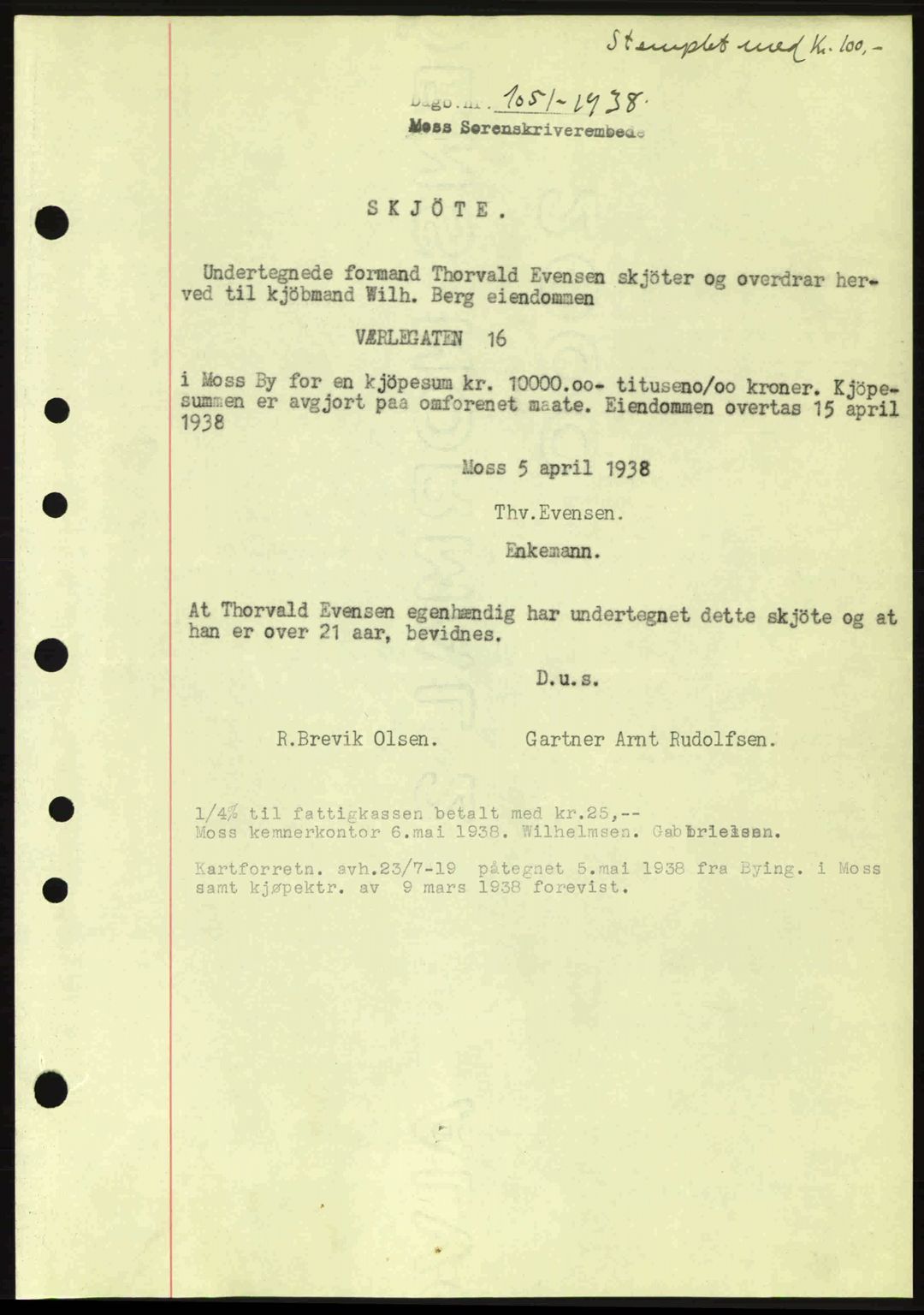 Moss sorenskriveri, SAO/A-10168: Pantebok nr. A4, 1938-1938, Dagboknr: 1051/1938