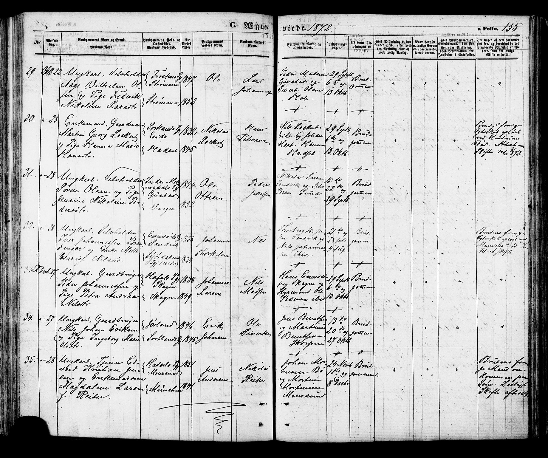 Ministerialprotokoller, klokkerbøker og fødselsregistre - Nordland, AV/SAT-A-1459/891/L1301: Ministerialbok nr. 891A06, 1870-1878, s. 155