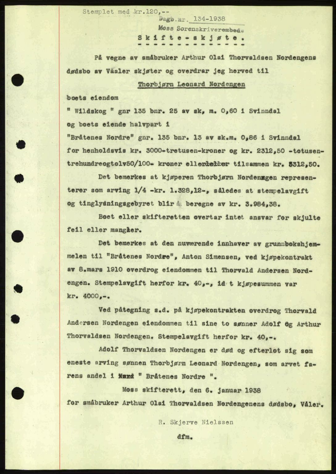 Moss sorenskriveri, SAO/A-10168: Pantebok nr. A3, 1937-1938, Dagboknr: 134/1938