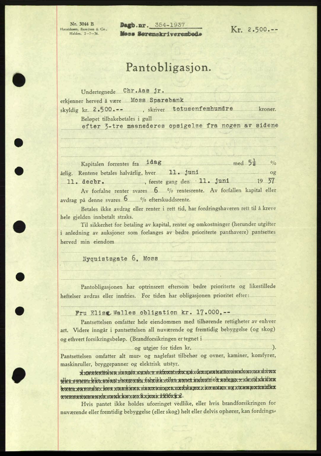 Moss sorenskriveri, SAO/A-10168: Pantebok nr. B3, 1937-1937, Dagboknr: 354/1937