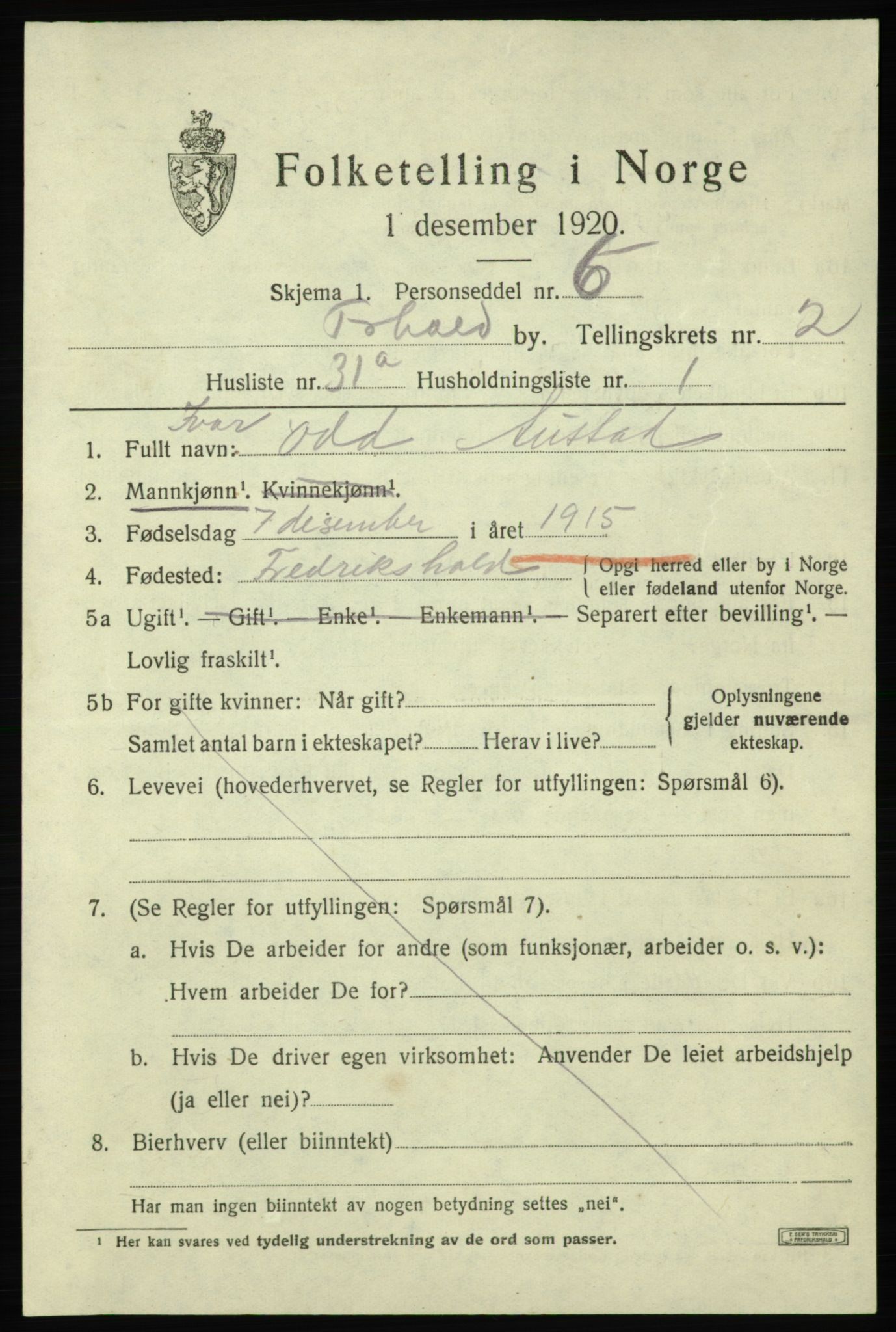 SAO, Folketelling 1920 for 0101 Fredrikshald kjøpstad, 1920, s. 10067
