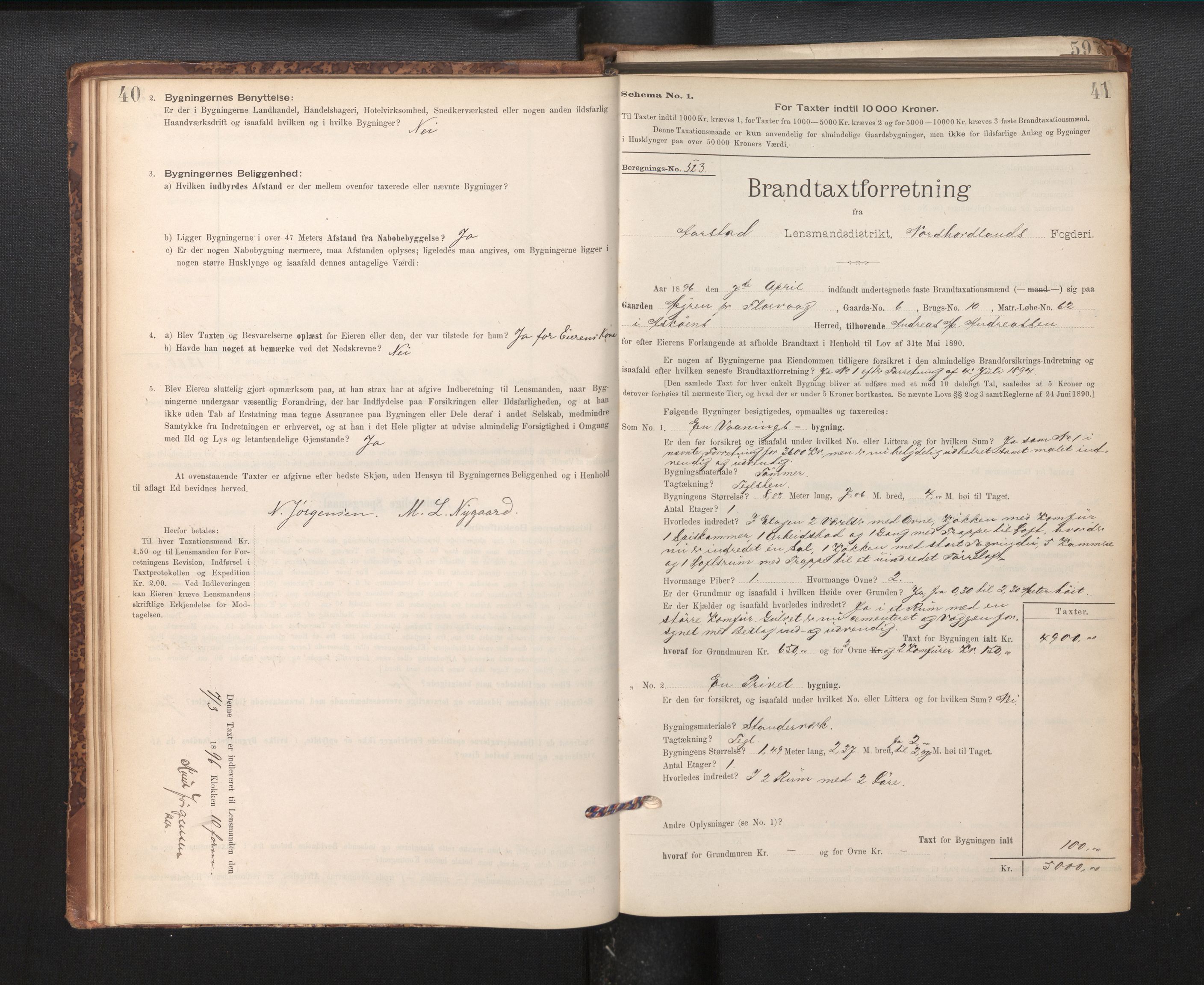 Lensmannen i Årstad, AV/SAB-A-36201/0012/L0011: Branntakstprotokoll,skjematakst, 1895-1901, s. 40-41
