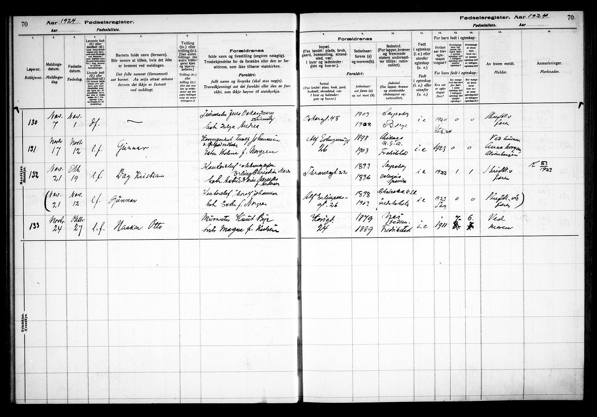 Sarpsborg prestekontor Kirkebøker, AV/SAO-A-2006/J/Ja/L0002: Fødselsregister nr. 2, 1922-1928, s. 70