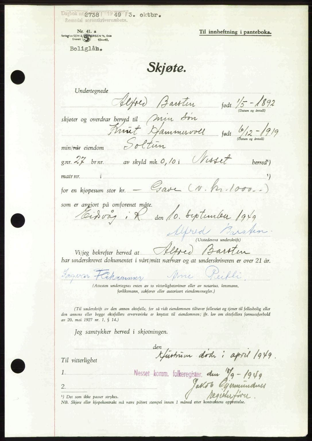 Romsdal sorenskriveri, AV/SAT-A-4149/1/2/2C: Pantebok nr. A31, 1949-1949, Dagboknr: 2738/1949