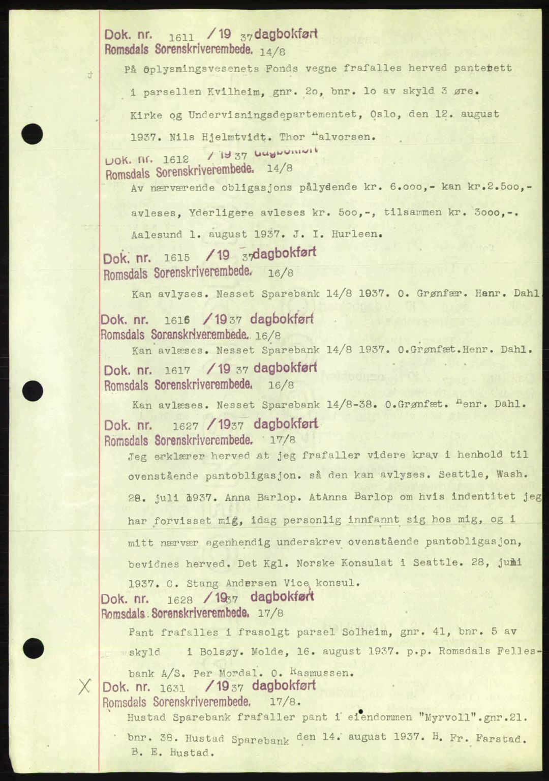 Romsdal sorenskriveri, AV/SAT-A-4149/1/2/2C: Pantebok nr. C1a, 1936-1945, Dagboknr: 1611/1937