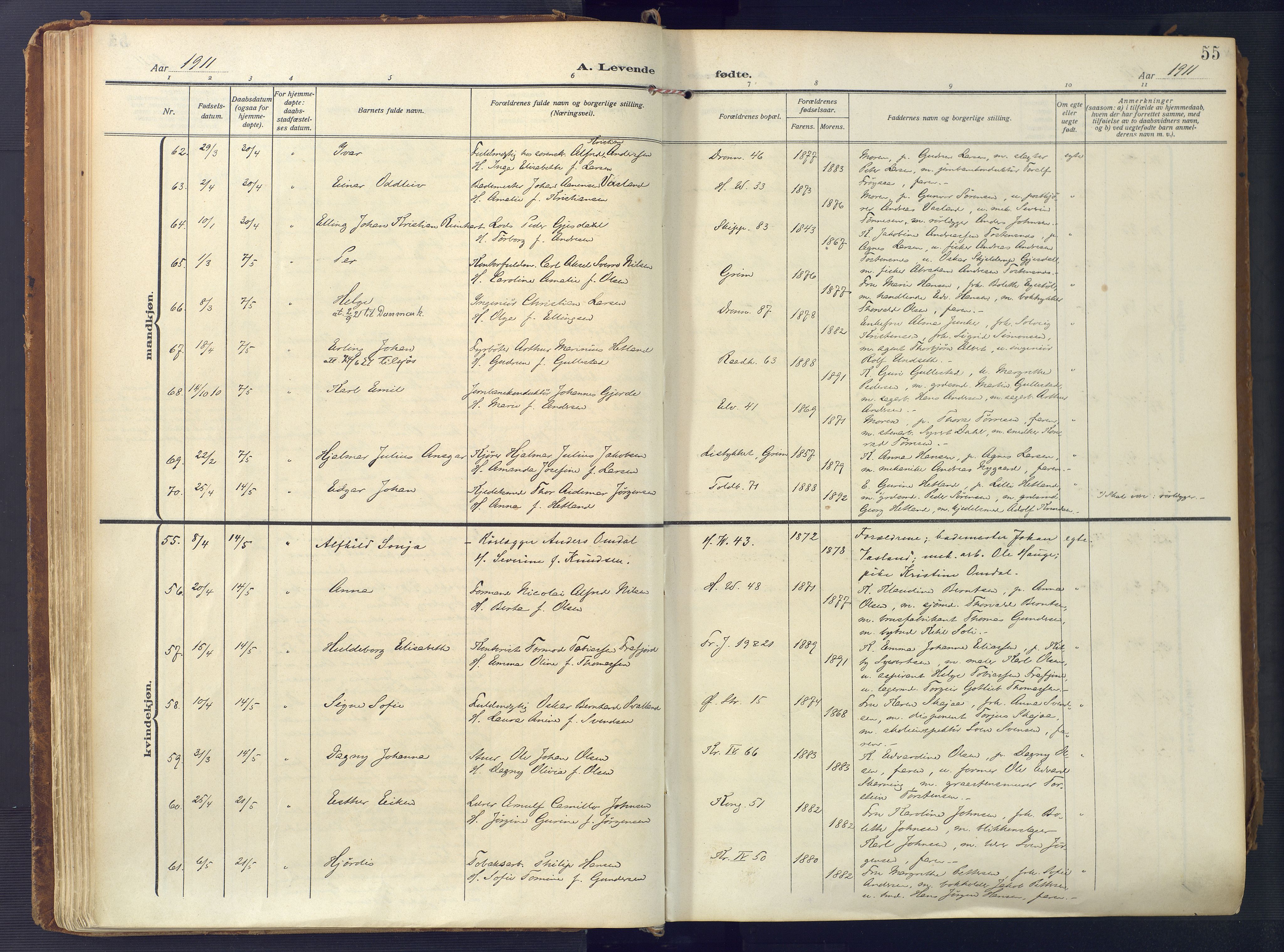 Kristiansand domprosti, AV/SAK-1112-0006/F/Fa/L0023: Ministerialbok nr. A 22, 1909-1917, s. 55