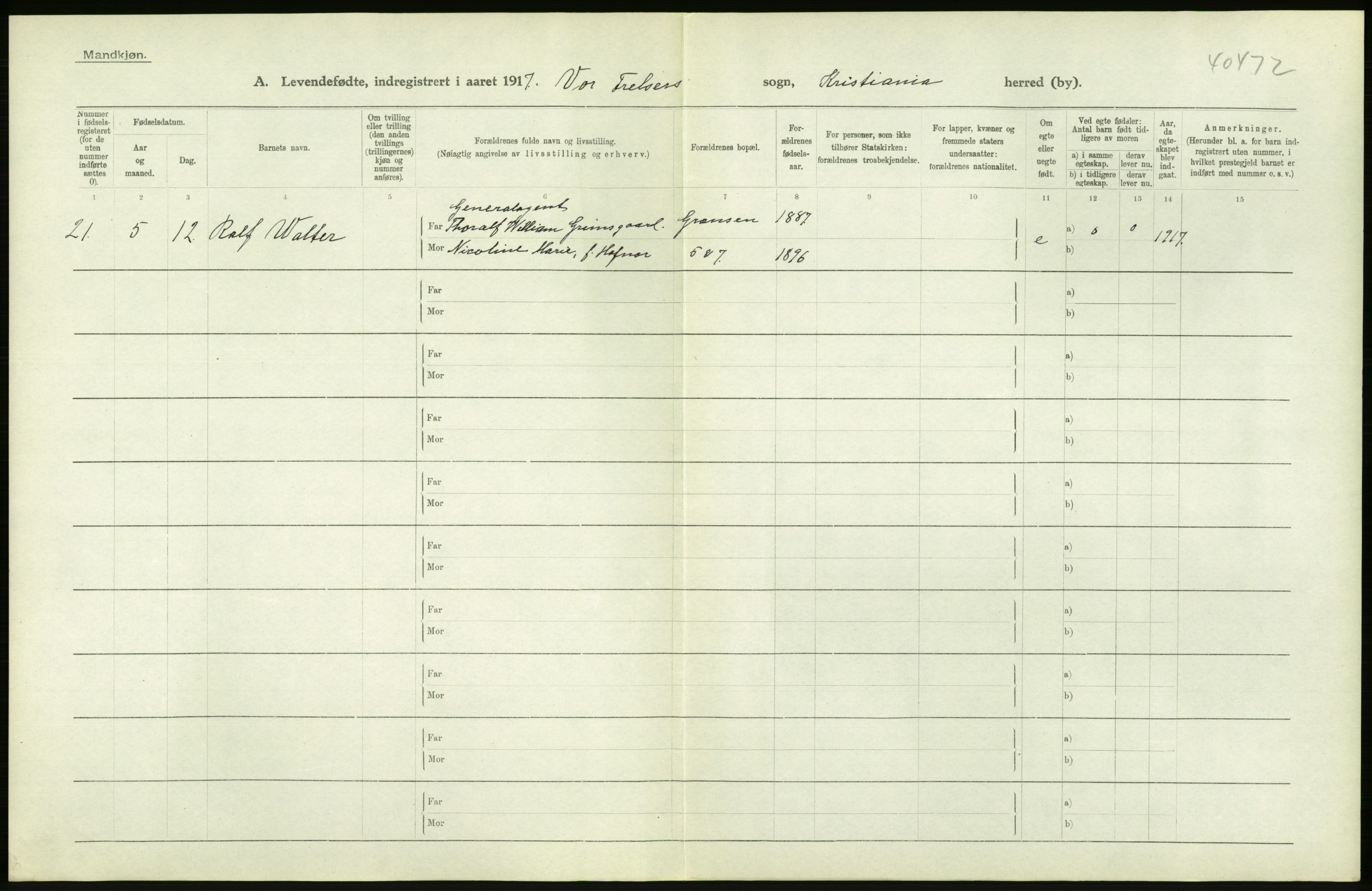 Statistisk sentralbyrå, Sosiodemografiske emner, Befolkning, AV/RA-S-2228/D/Df/Dfb/Dfbg/L0007: Kristiania: Levendefødte menn og kvinner., 1917, s. 18