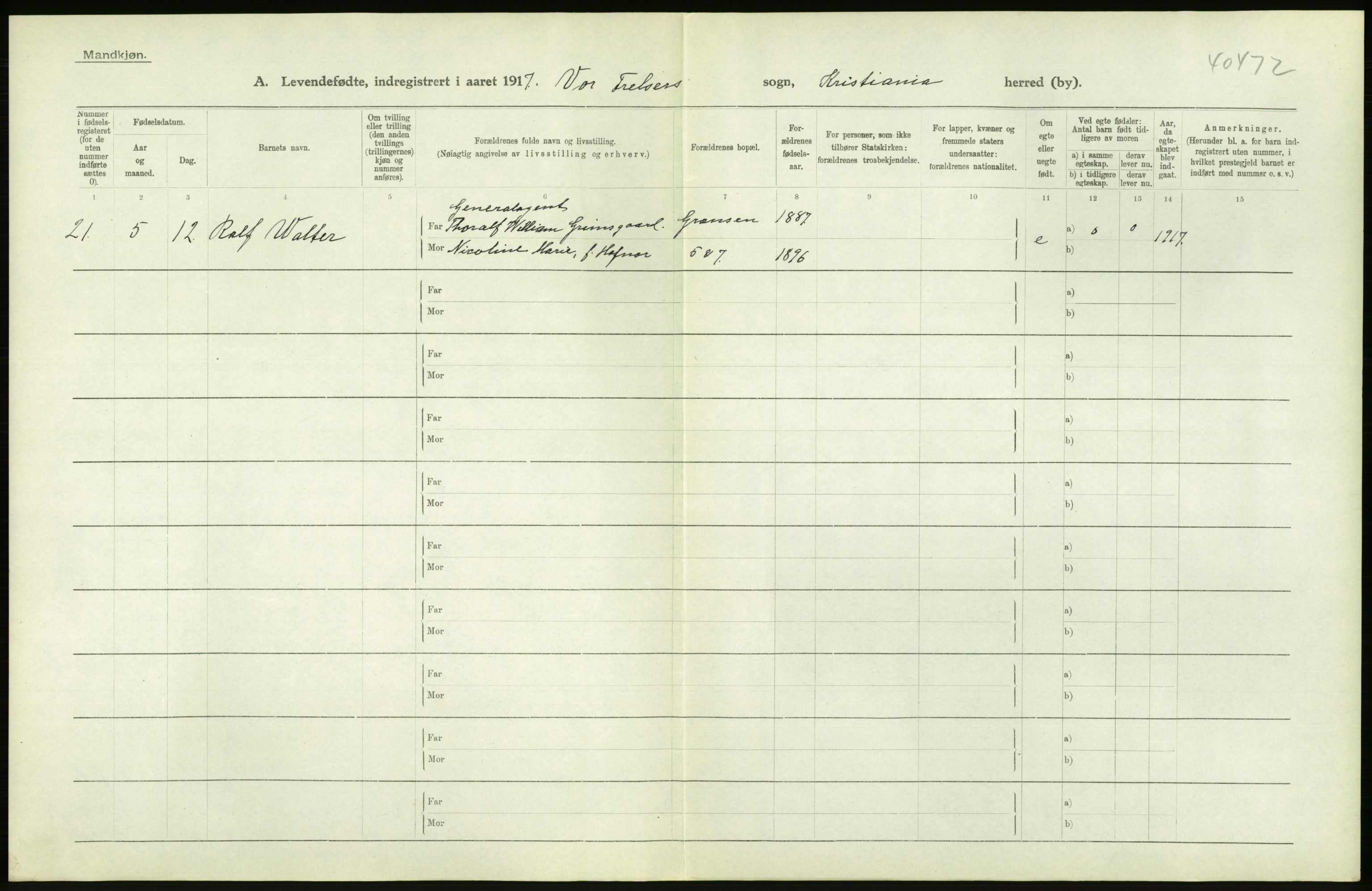 Statistisk sentralbyrå, Sosiodemografiske emner, Befolkning, RA/S-2228/D/Df/Dfb/Dfbg/L0007: Kristiania: Levendefødte menn og kvinner., 1917, s. 18