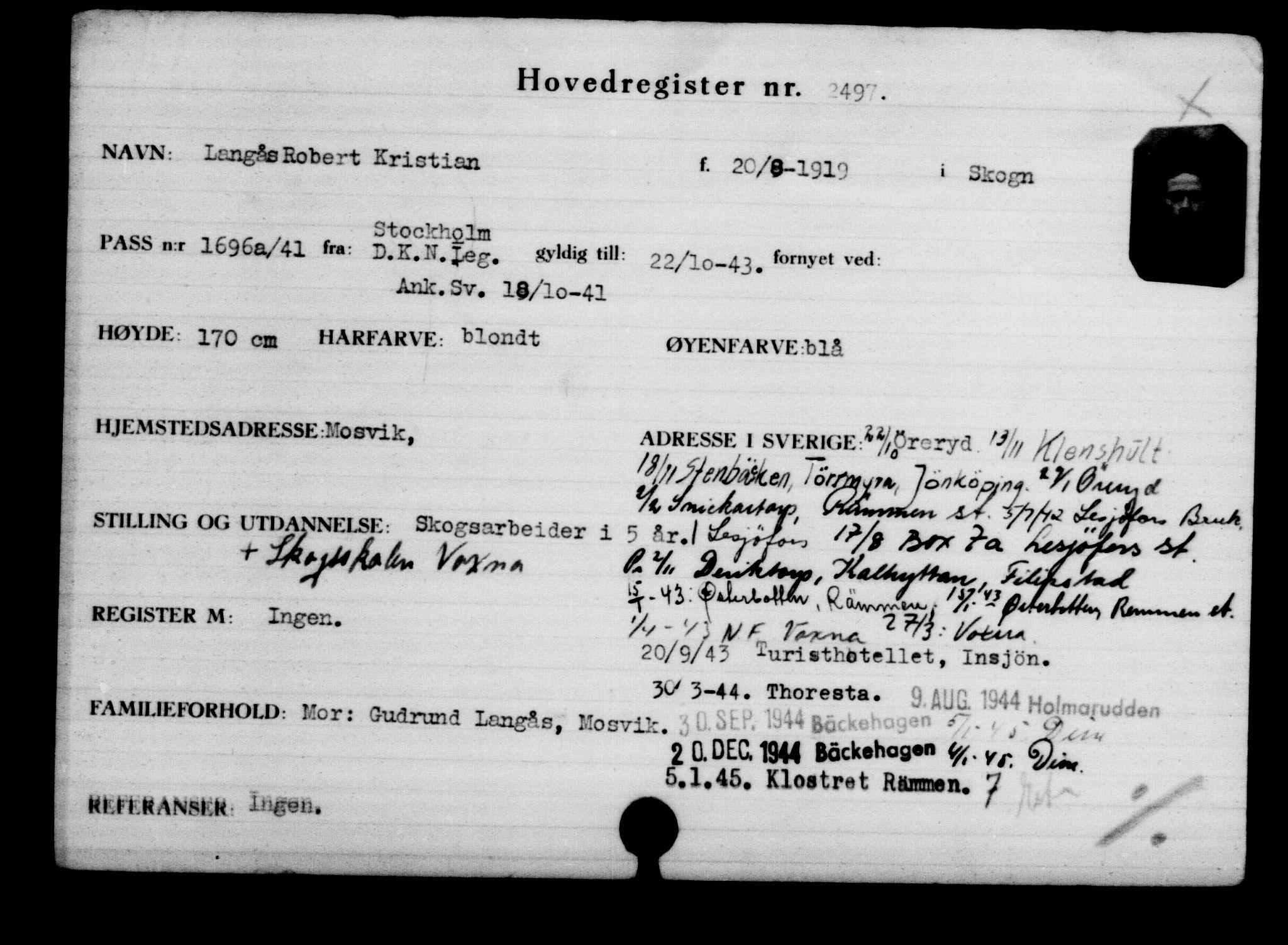 Utenriksstasjonene, Legasjonen i Stockholm, Flyktningkontoret, AV/RA-S-6753/V/Va/L0003: Kjesäterkartoteket, flyktninger med registreringsnr. 2001-3495, 1940-1945, s. 836