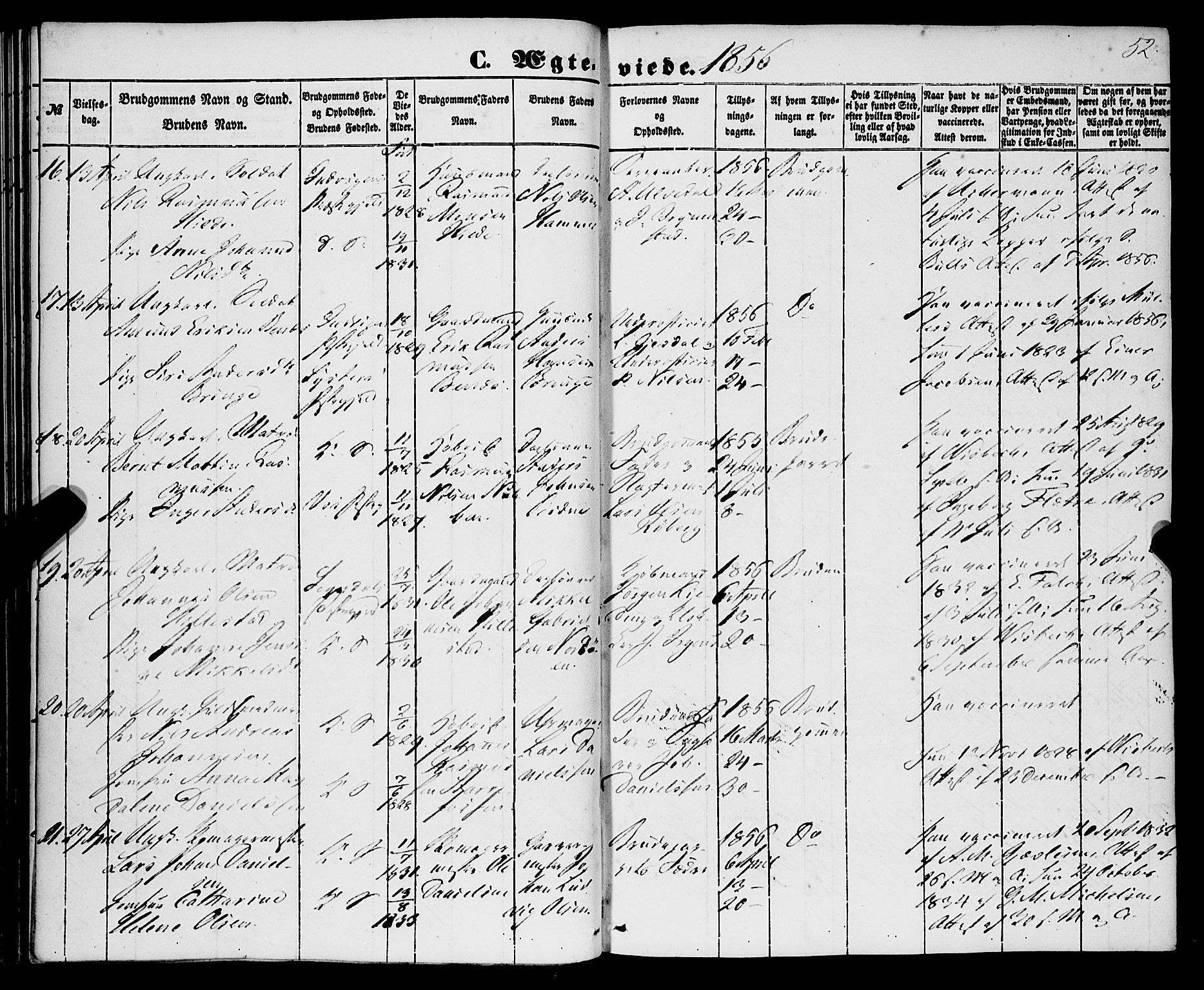 Korskirken sokneprestembete, AV/SAB-A-76101/H/Haa/L0035: Ministerialbok nr. D 2, 1852-1867, s. 52