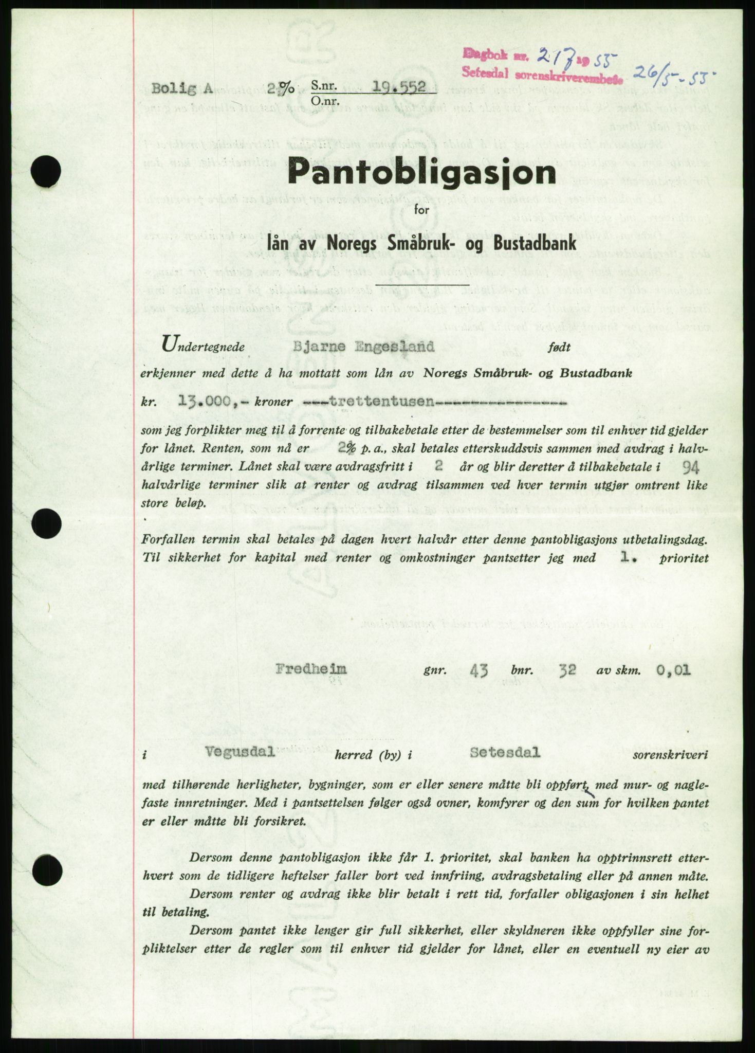 Setesdal sorenskriveri, SAK/1221-0011/G/Gb/L0052: Pantebok nr. B 40, 1954-1955, Dagboknr: 217/1955