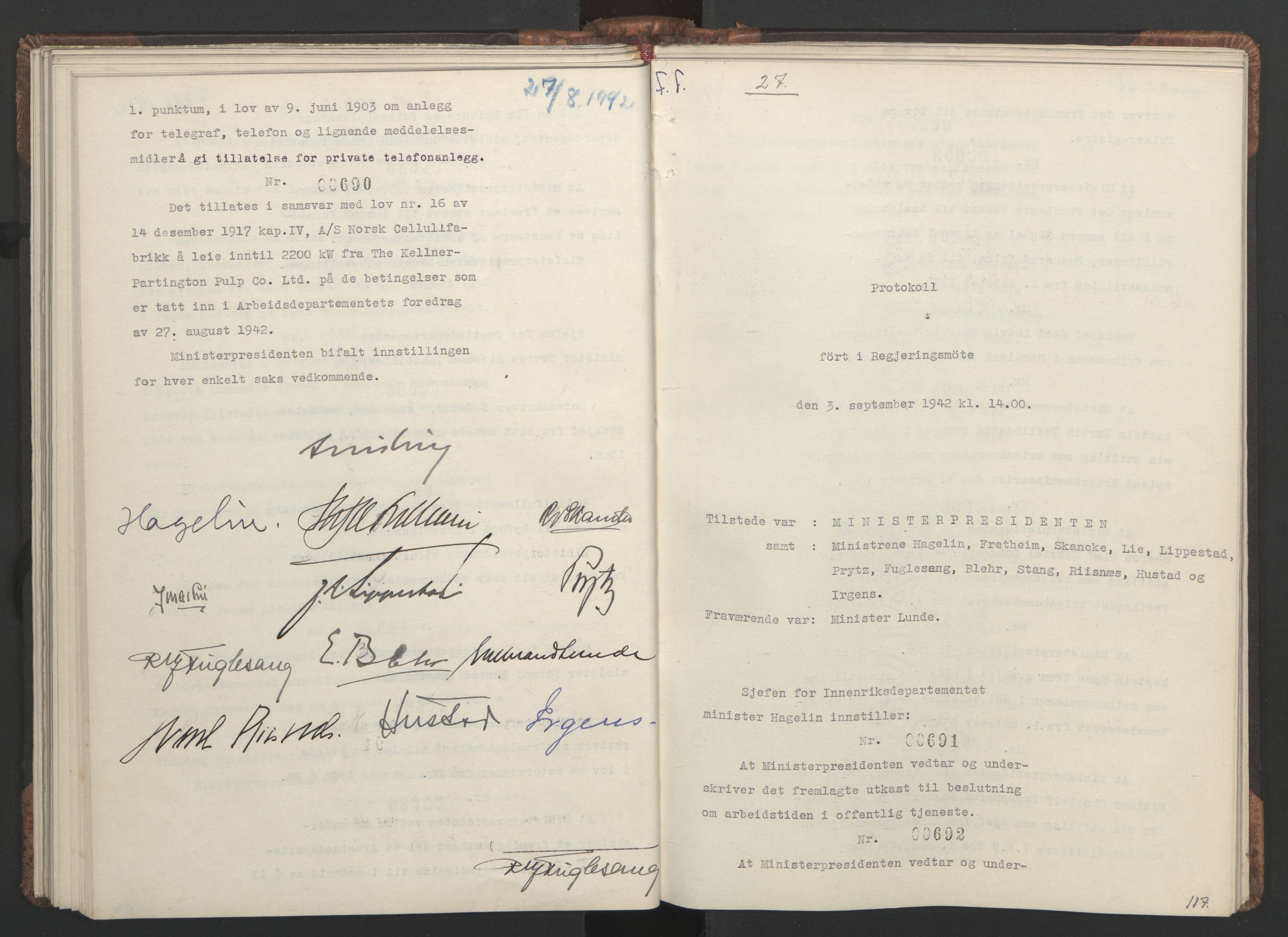 NS-administrasjonen 1940-1945 (Statsrådsekretariatet, de kommisariske statsråder mm), AV/RA-S-4279/D/Da/L0001: Beslutninger og tillegg (1-952 og 1-32), 1942, s. 120