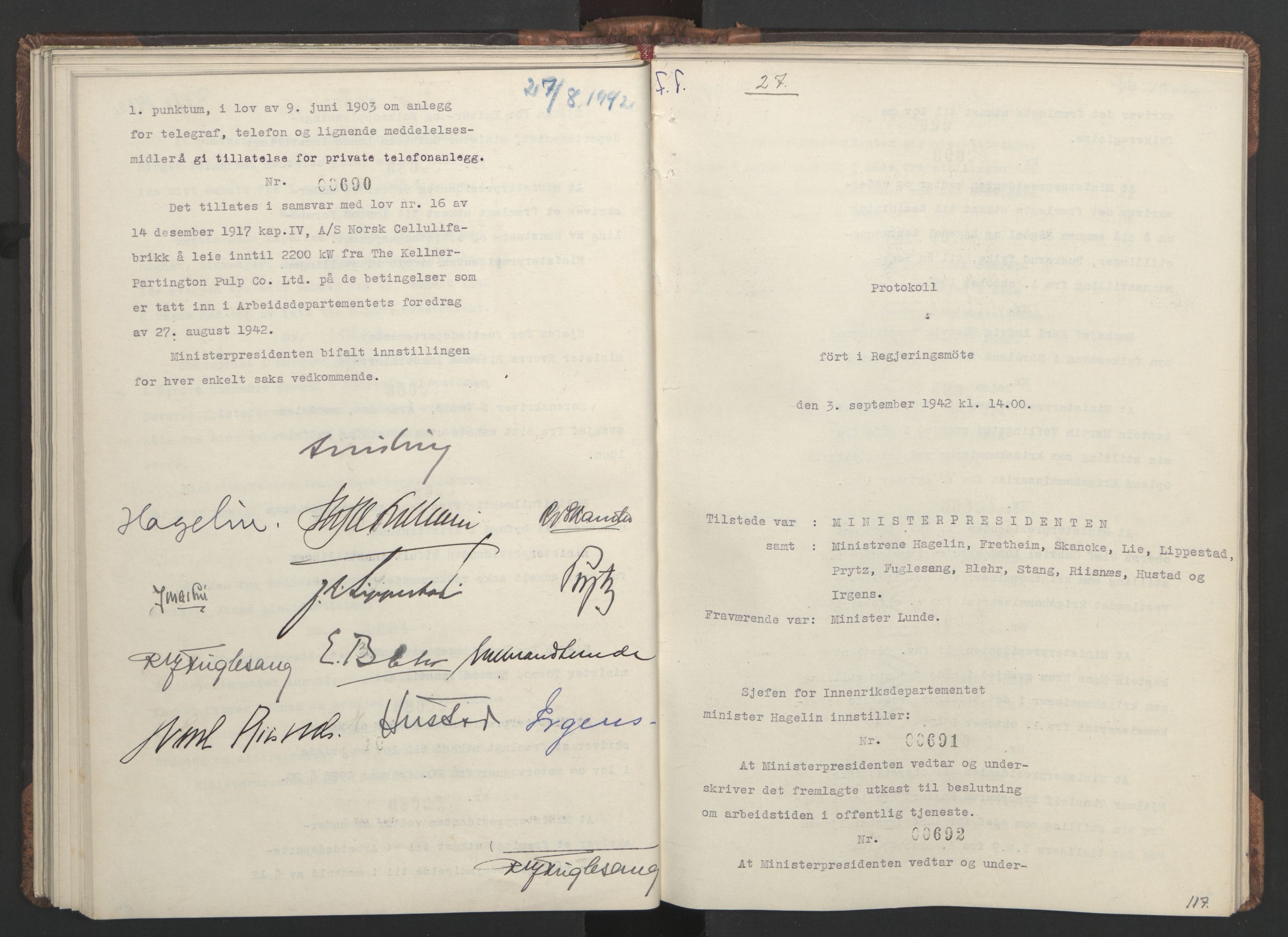 NS-administrasjonen 1940-1945 (Statsrådsekretariatet, de kommisariske statsråder mm), RA/S-4279/D/Da/L0001: Beslutninger og tillegg (1-952 og 1-32), 1942, s. 120