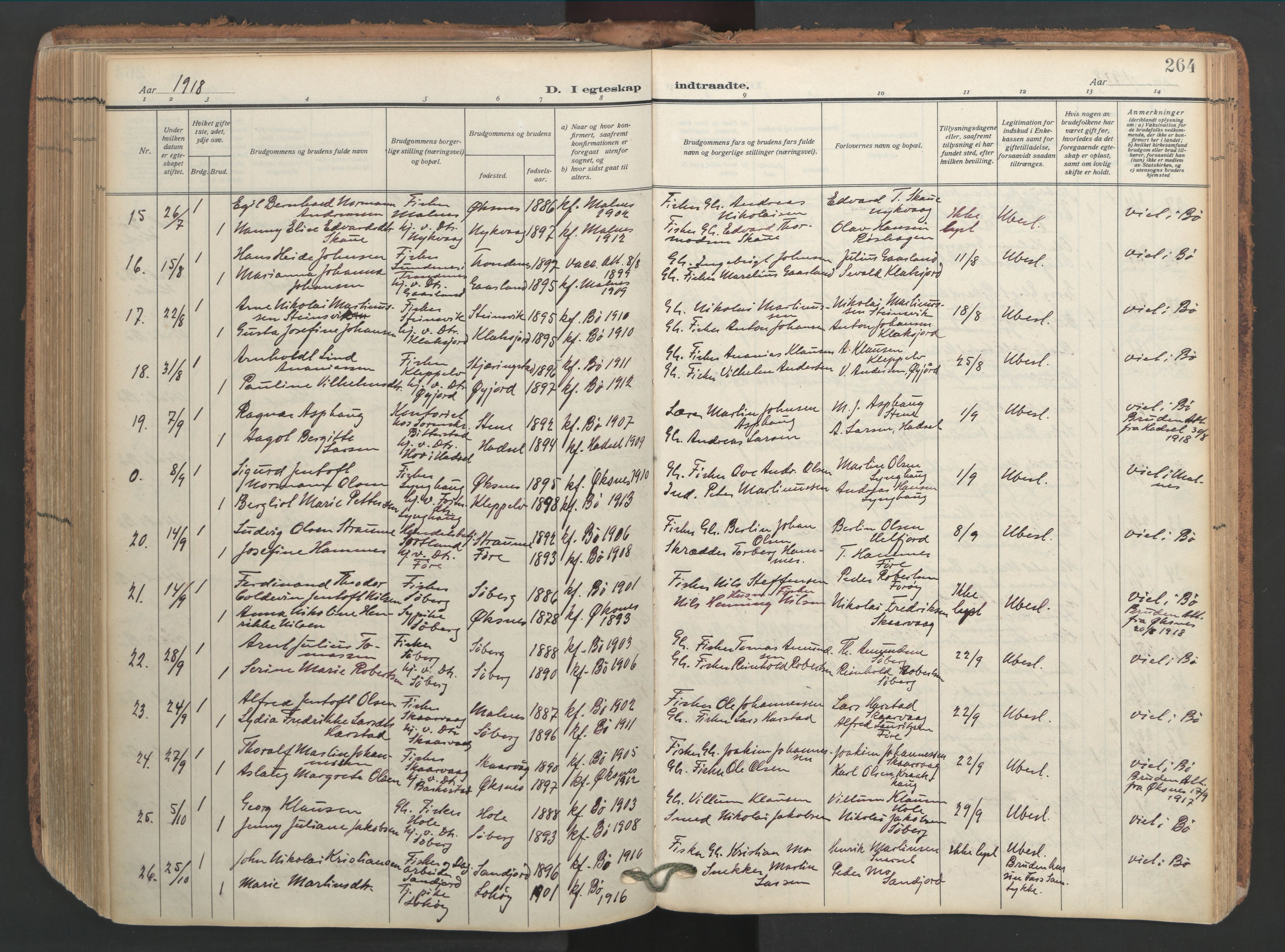 Ministerialprotokoller, klokkerbøker og fødselsregistre - Nordland, AV/SAT-A-1459/891/L1306: Ministerialbok nr. 891A11, 1911-1927, s. 264