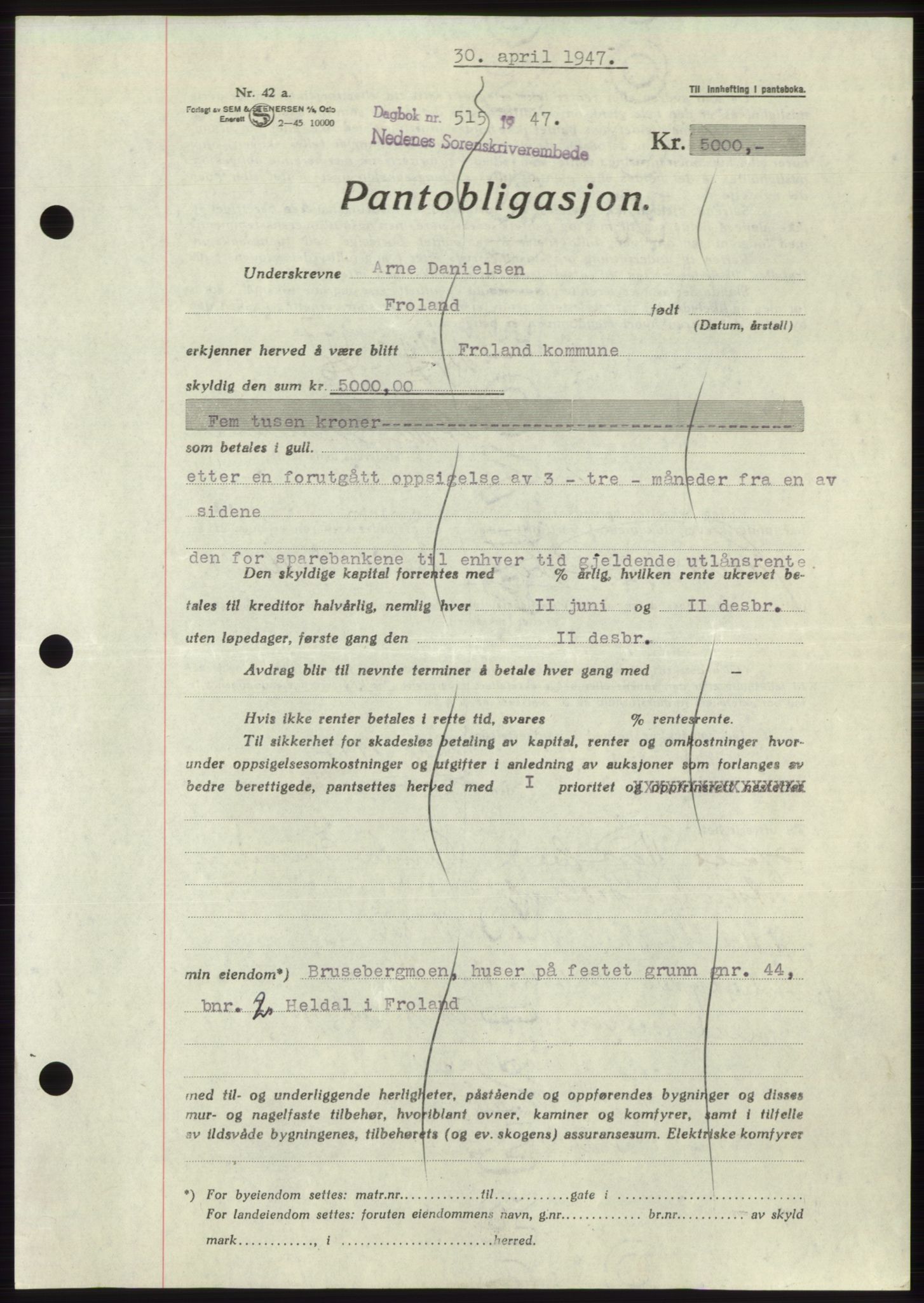 Nedenes sorenskriveri, AV/SAK-1221-0006/G/Gb/Gbb/L0004: Pantebok nr. B4, 1947-1947, Dagboknr: 515/1947