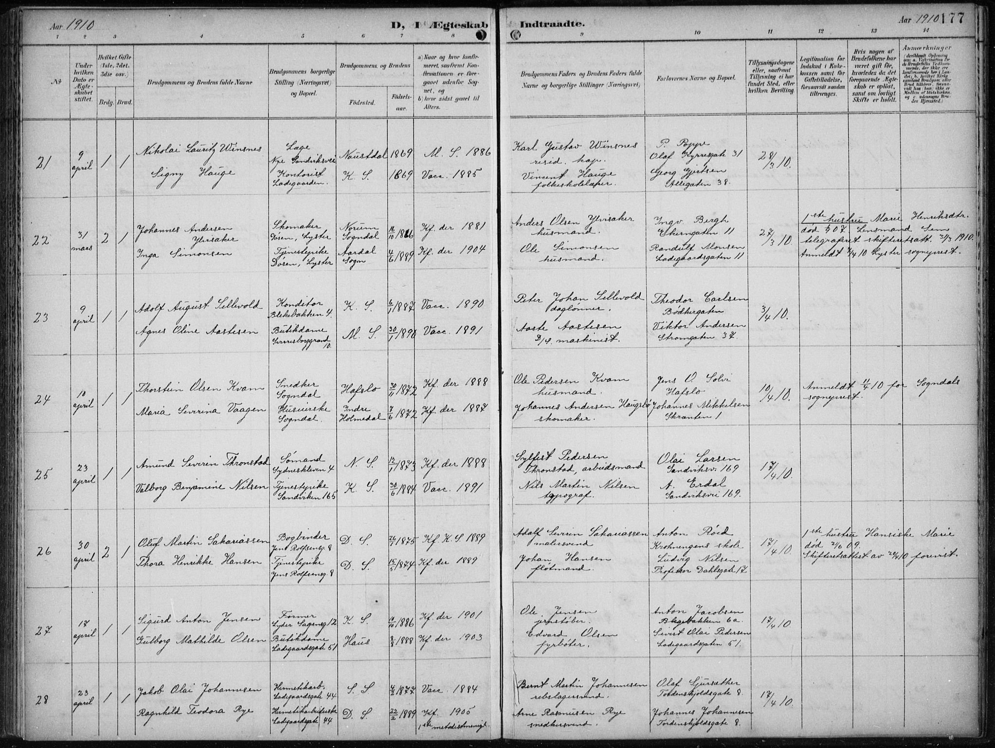 Sandviken Sokneprestembete, AV/SAB-A-77601/H/Ha/L0014: Ministerialbok nr. D 1, 1896-1911, s. 177