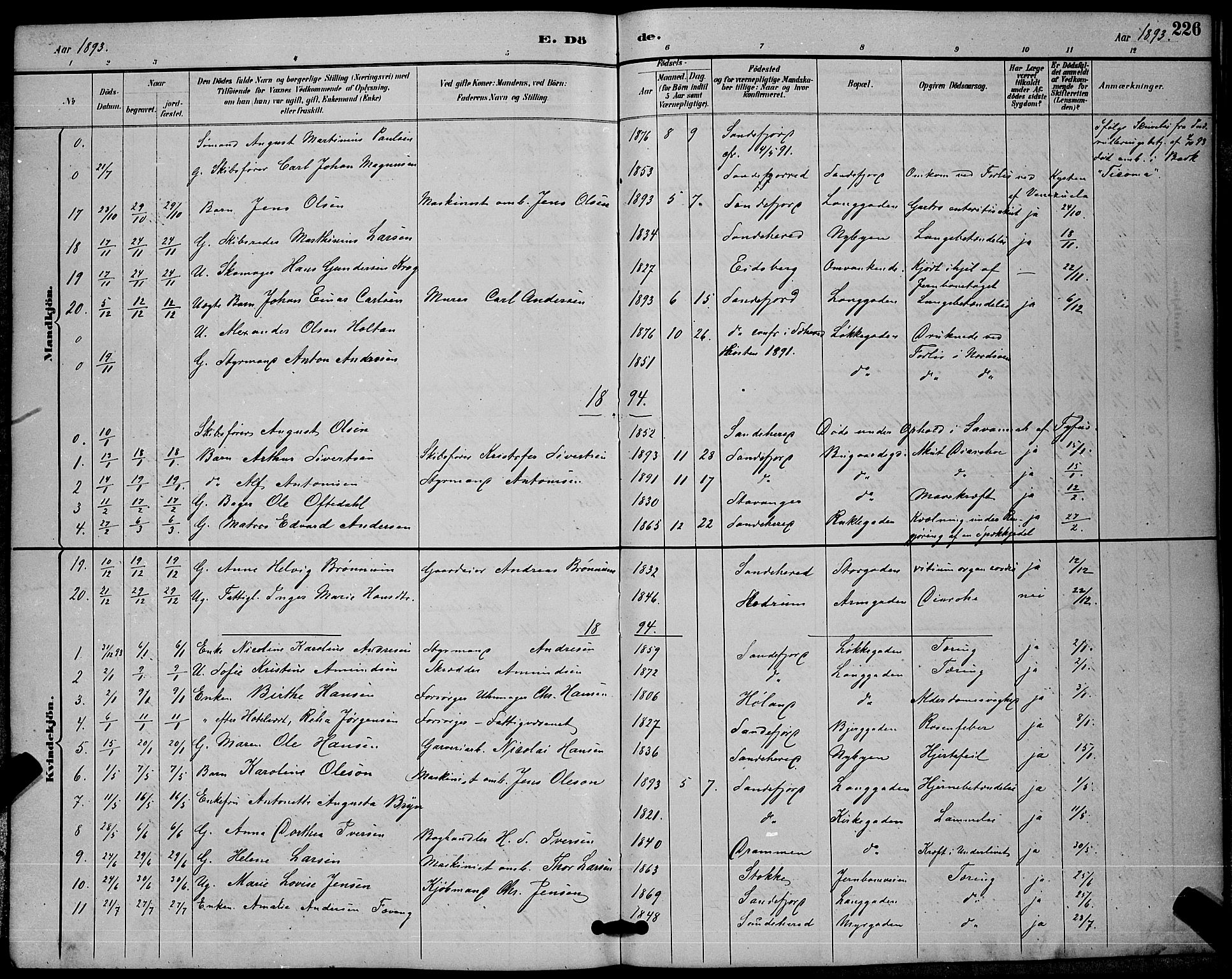 Sandefjord kirkebøker, AV/SAKO-A-315/G/Ga/L0001: Klokkerbok nr. 1, 1885-1903, s. 226