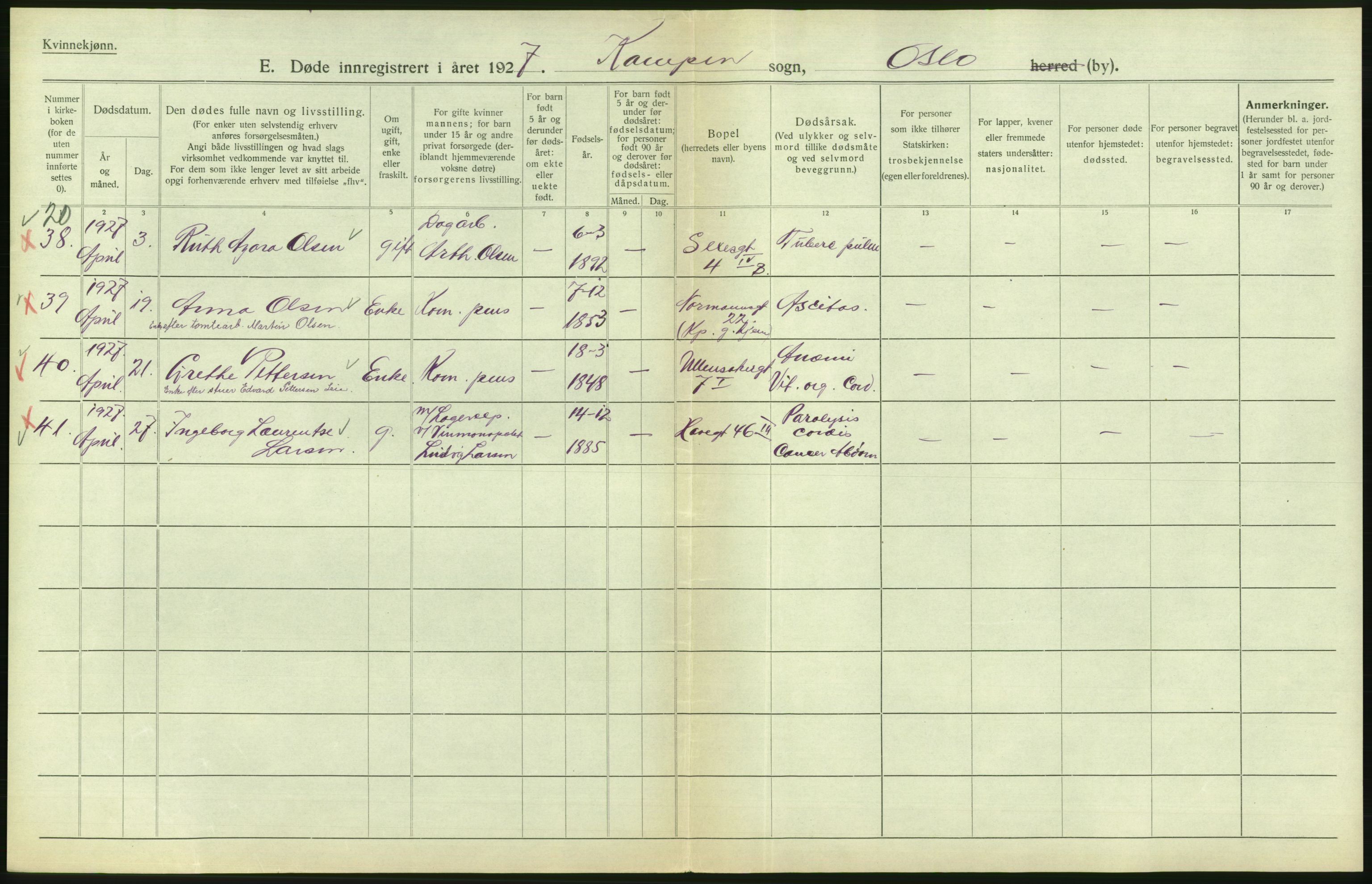 Statistisk sentralbyrå, Sosiodemografiske emner, Befolkning, AV/RA-S-2228/D/Df/Dfc/Dfcg/L0010: Oslo: Døde kvinner, dødfødte, 1927, s. 546