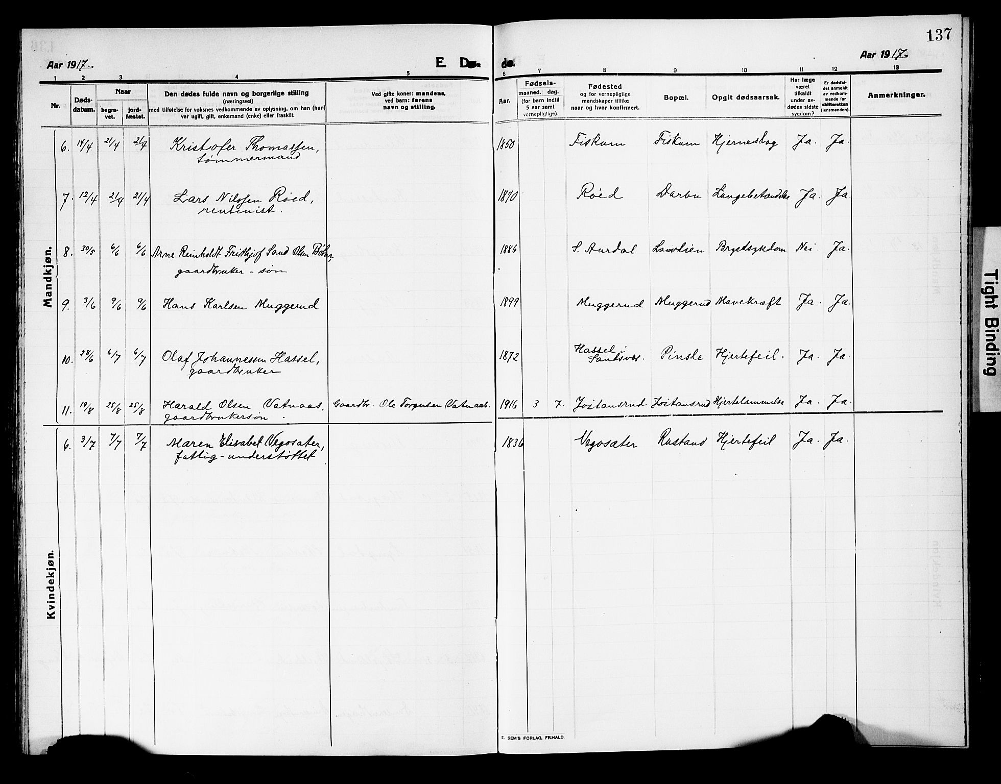 Fiskum kirkebøker, AV/SAKO-A-15/G/Ga/L0006: Klokkerbok nr. 6, 1913-1927, s. 137