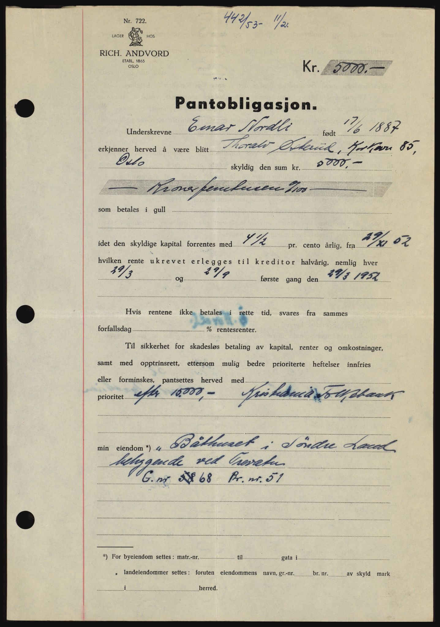 Hadeland og Land tingrett, SAH/TING-010/H/Hb/Hbc/L0026: Pantebok nr. B26, 1953-1953, Dagboknr: 442/1953