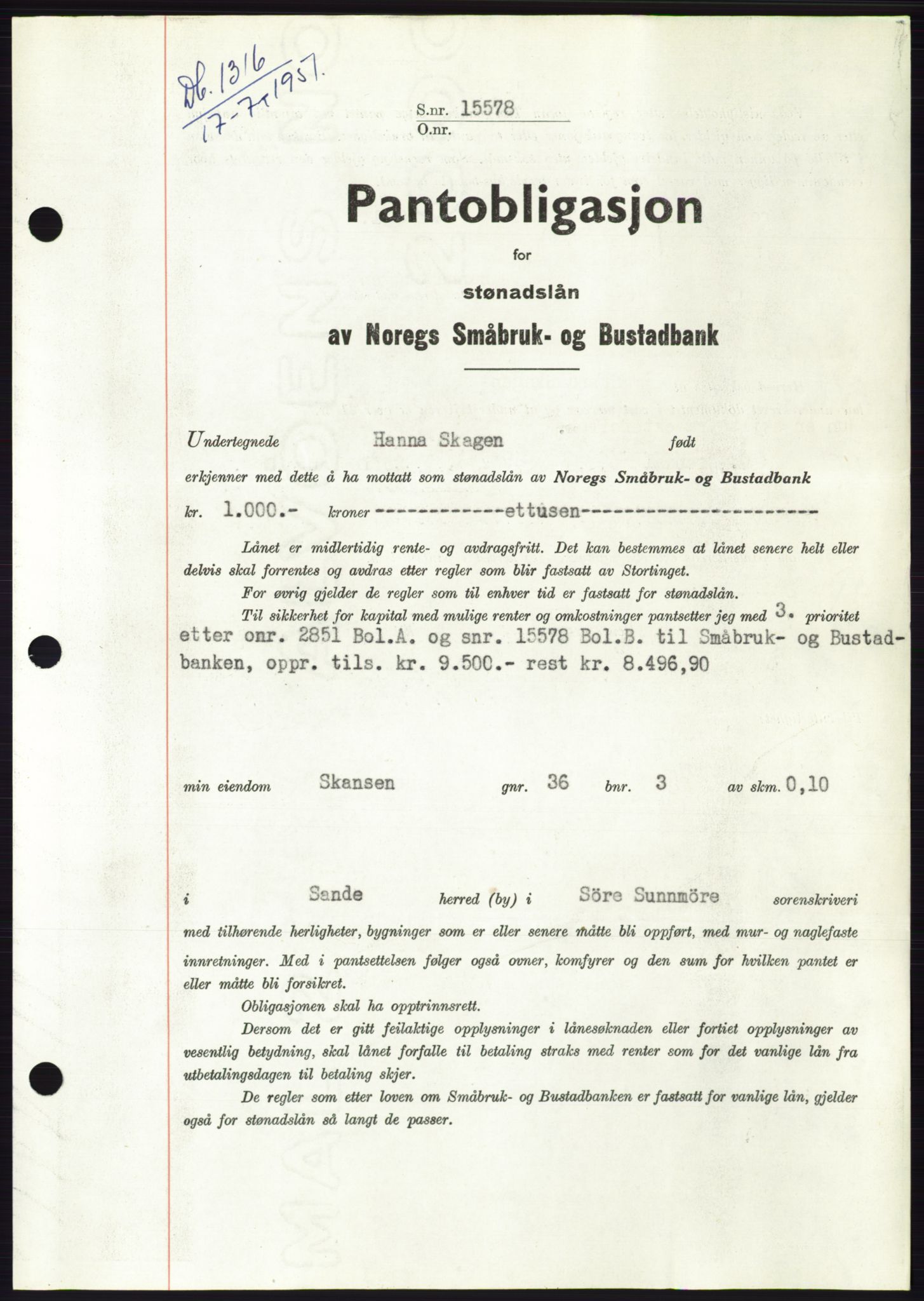 Søre Sunnmøre sorenskriveri, SAT/A-4122/1/2/2C/L0120: Pantebok nr. 8B, 1951-1951, Dagboknr: 1316/1951